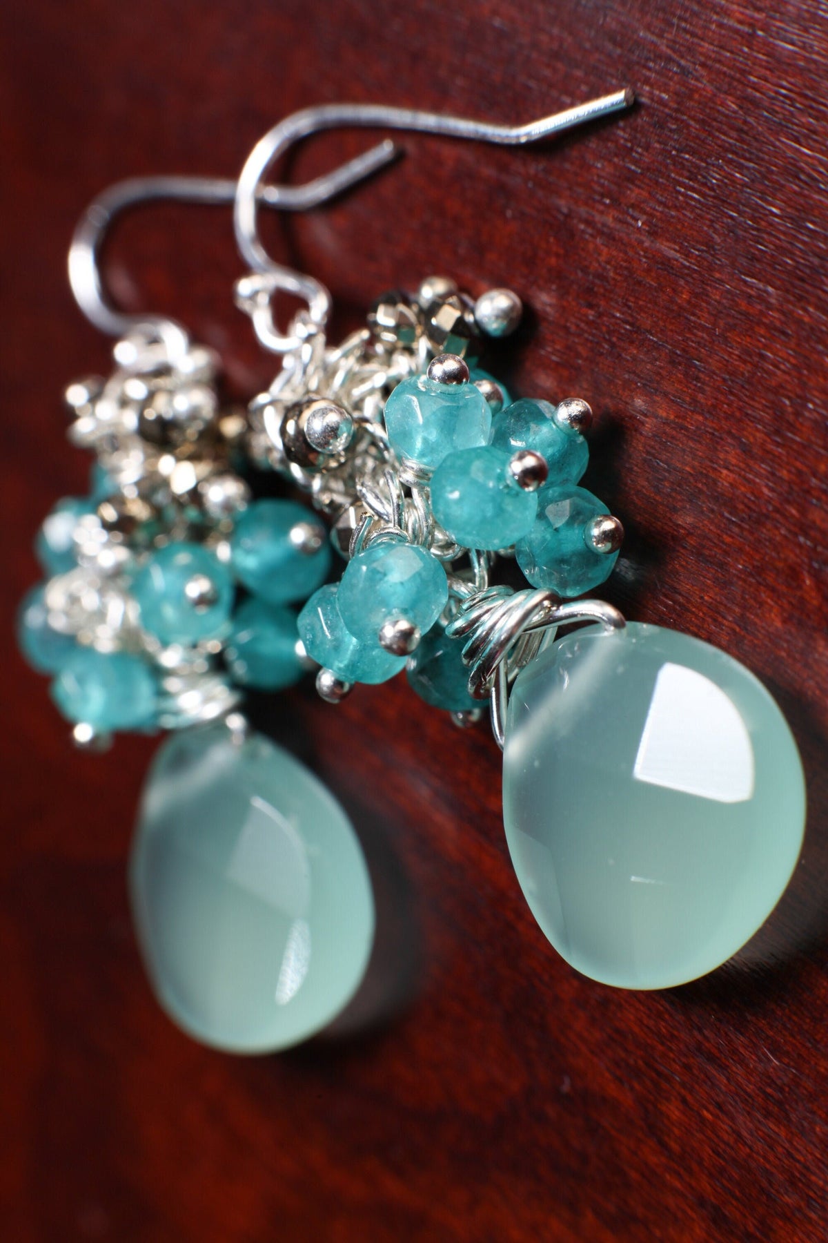 Natural Aqua Chalcedony 13mm Heart Briolette dangling ,Apatite, Pyrite Cluster, Sterling Silver or 14K Gold Filled Earrings Bridesmaid, Gift
