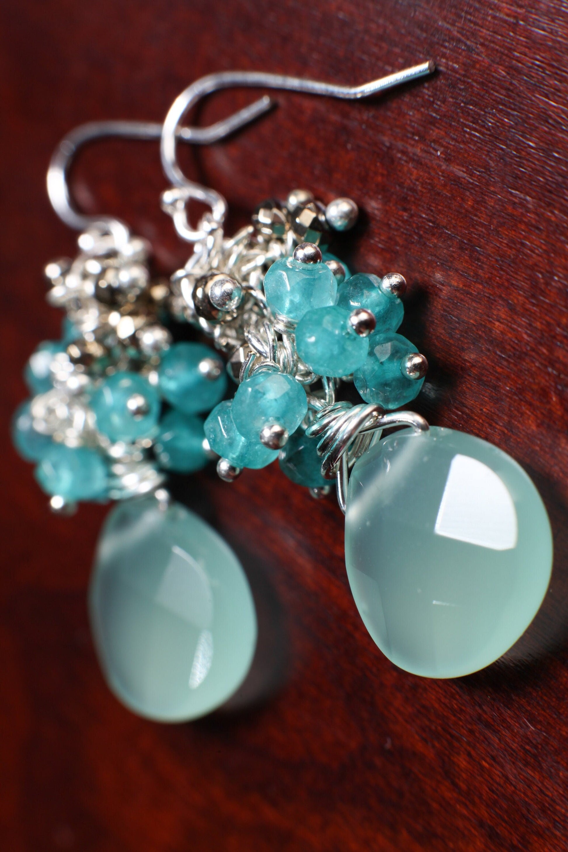 Natural Aqua Chalcedony 13mm Heart Briolette dangling ,Apatite, Pyrite Cluster, Sterling Silver or 14K Gold Filled Earrings Bridesmaid, Gift