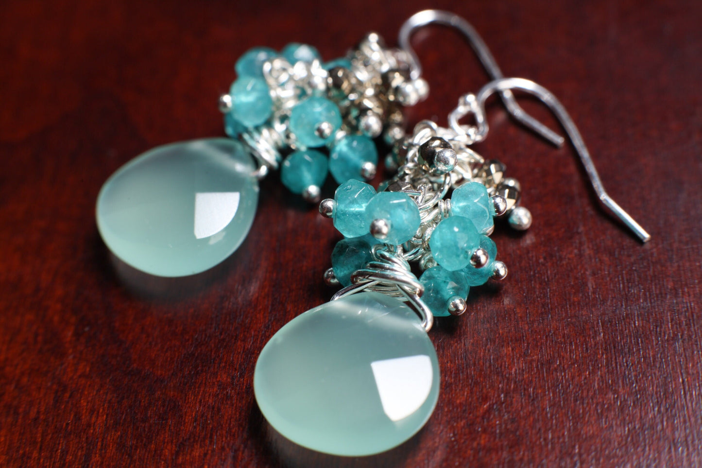 Natural Aqua Chalcedony 13mm Heart Briolette dangling ,Apatite, Pyrite Cluster, Sterling Silver or 14K Gold Filled Earrings Bridesmaid, Gift
