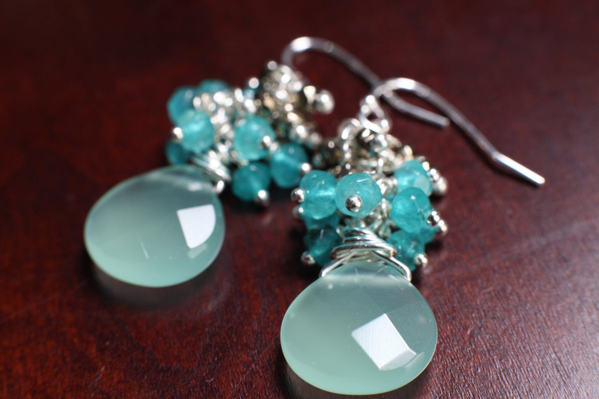 Natural Aqua Chalcedony 13mm Heart Briolette dangling ,Apatite, Pyrite Cluster, Sterling Silver or 14K Gold Filled Earrings Bridesmaid, Gift