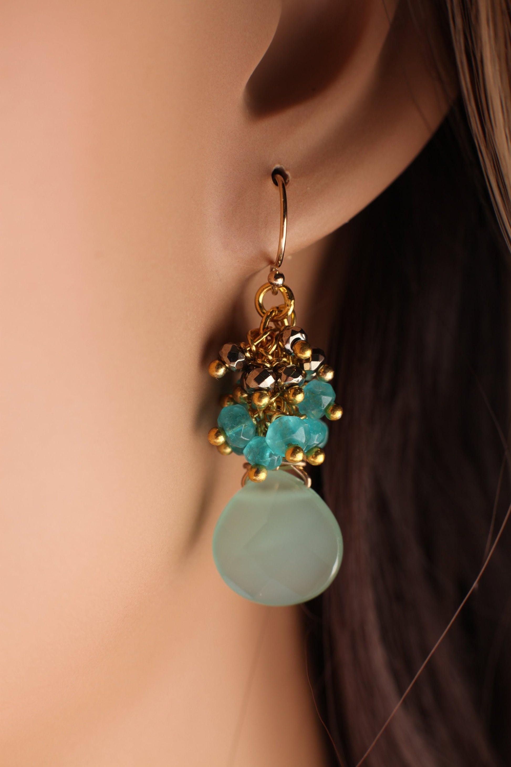 Natural Aqua Chalcedony 13mm Heart Briolette dangling ,Apatite, Pyrite Cluster, Sterling Silver or 14K Gold Filled Earrings Bridesmaid, Gift