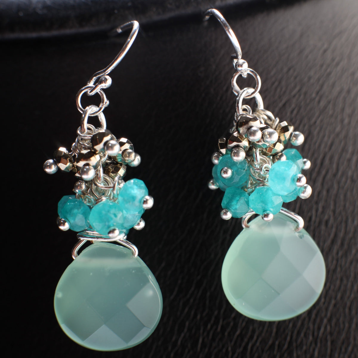Natural Aqua Chalcedony 13mm Heart Briolette dangling ,Apatite, Pyrite Cluster, Sterling Silver or 14K Gold Filled Earrings Bridesmaid, Gift