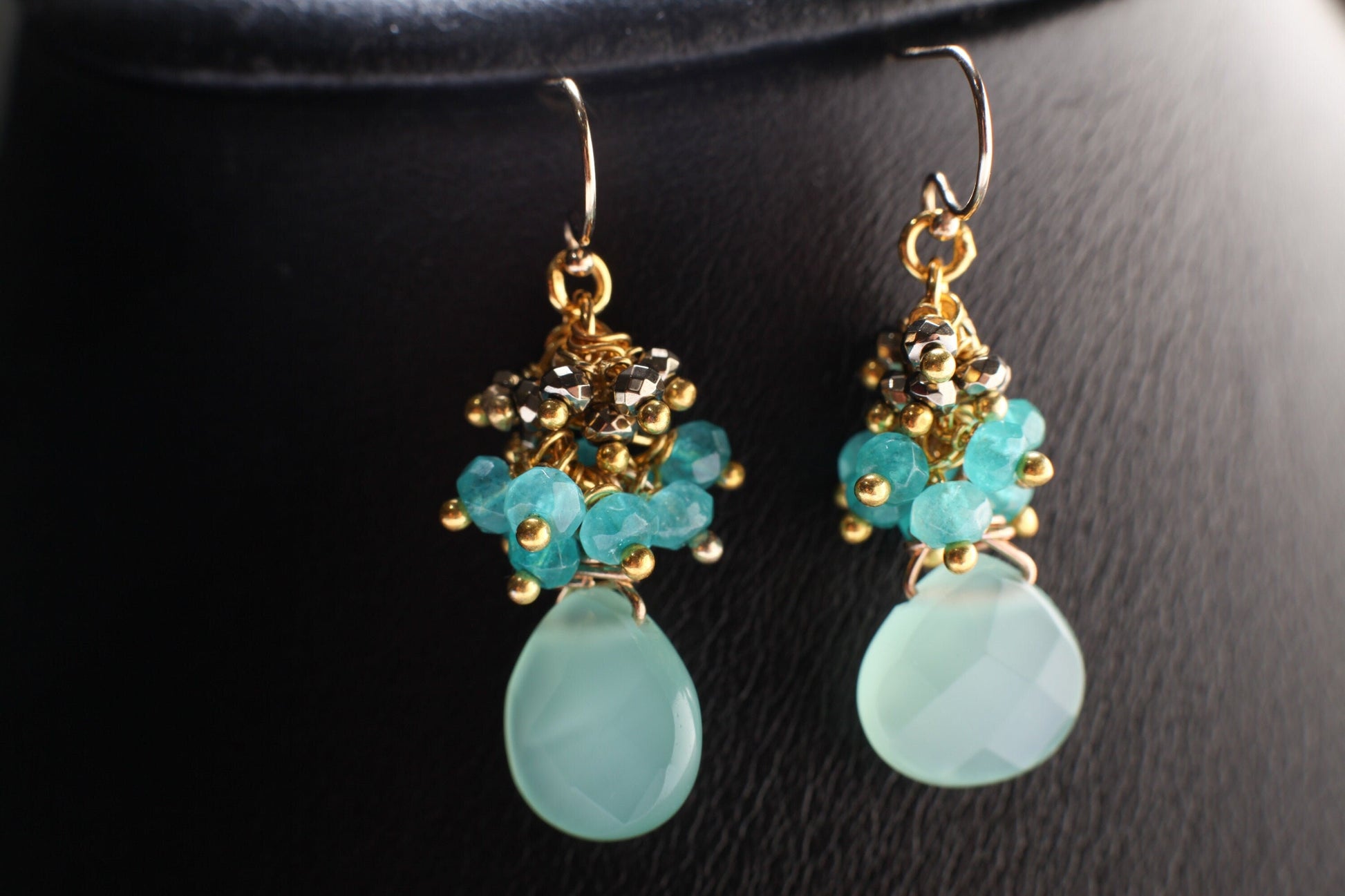 Natural Aqua Chalcedony 13mm Heart Briolette dangling ,Apatite, Pyrite Cluster, Sterling Silver or 14K Gold Filled Earrings Bridesmaid, Gift