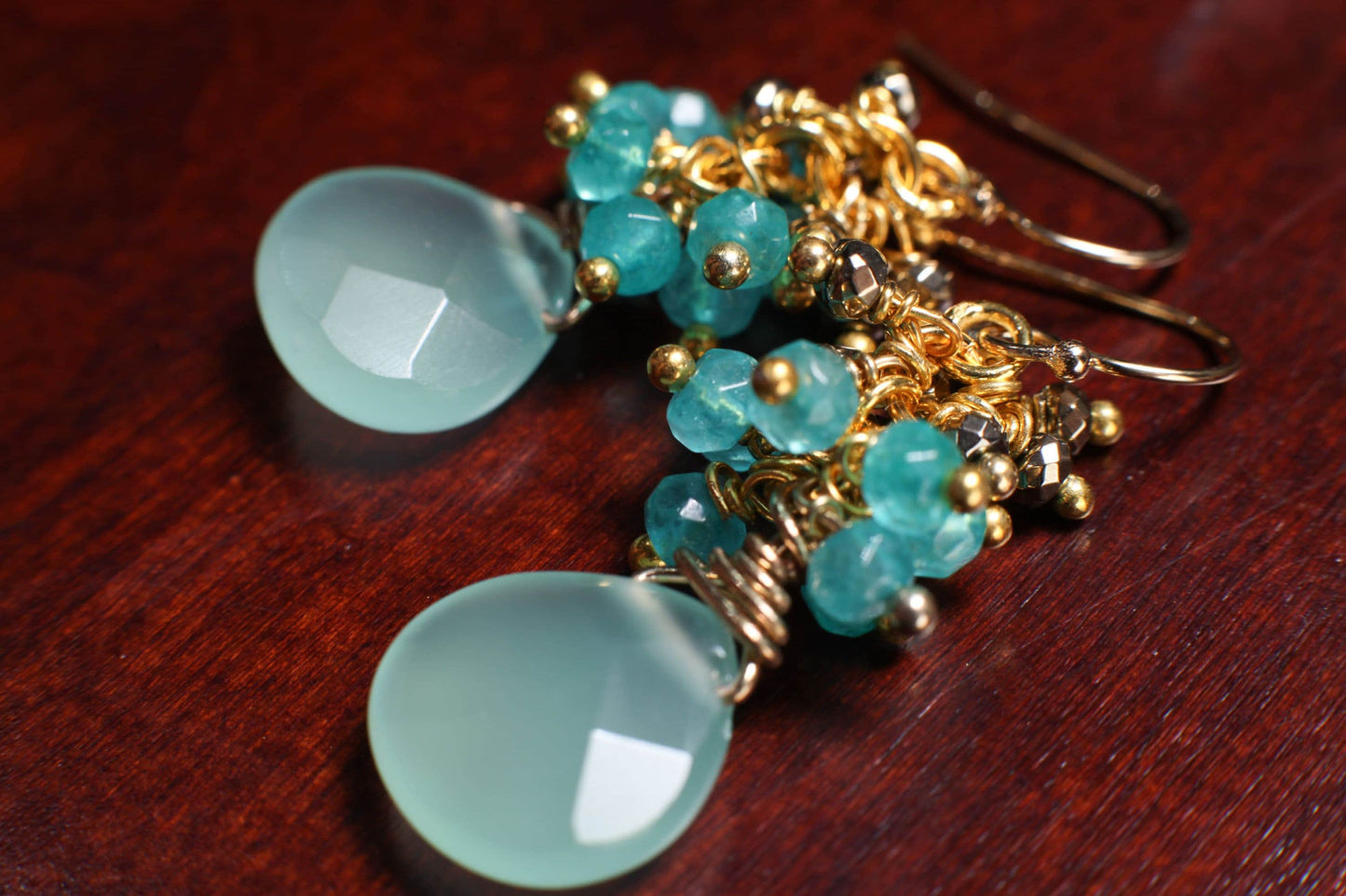 Natural Aqua Chalcedony 13mm Heart Briolette dangling ,Apatite, Pyrite Cluster, Sterling Silver or 14K Gold Filled Earrings Bridesmaid, Gift