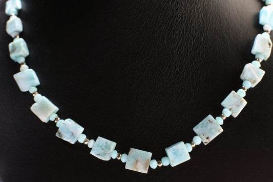Natural Larimar raw free form 10mm Square with Larimar Rondelle and Pyrite Spacers ,14K Gold Filled Clasp 18.5&quot; Handmade Necklace, Healing