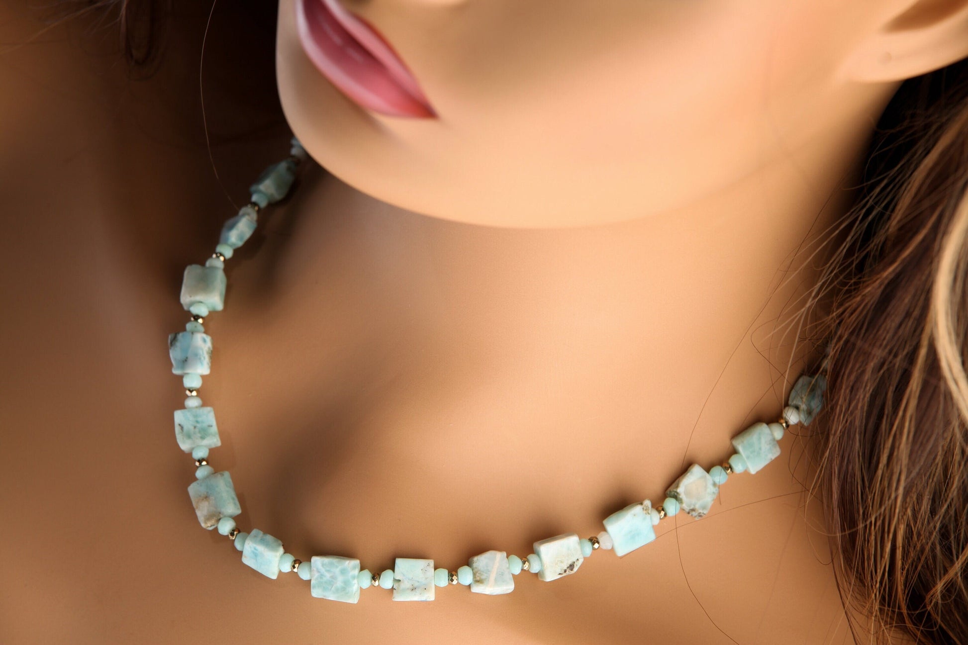 Natural Larimar raw free form 10mm Square with Larimar Rondelle and Pyrite Spacers ,14K Gold Filled Clasp 18.5&quot; Handmade Necklace, Healing