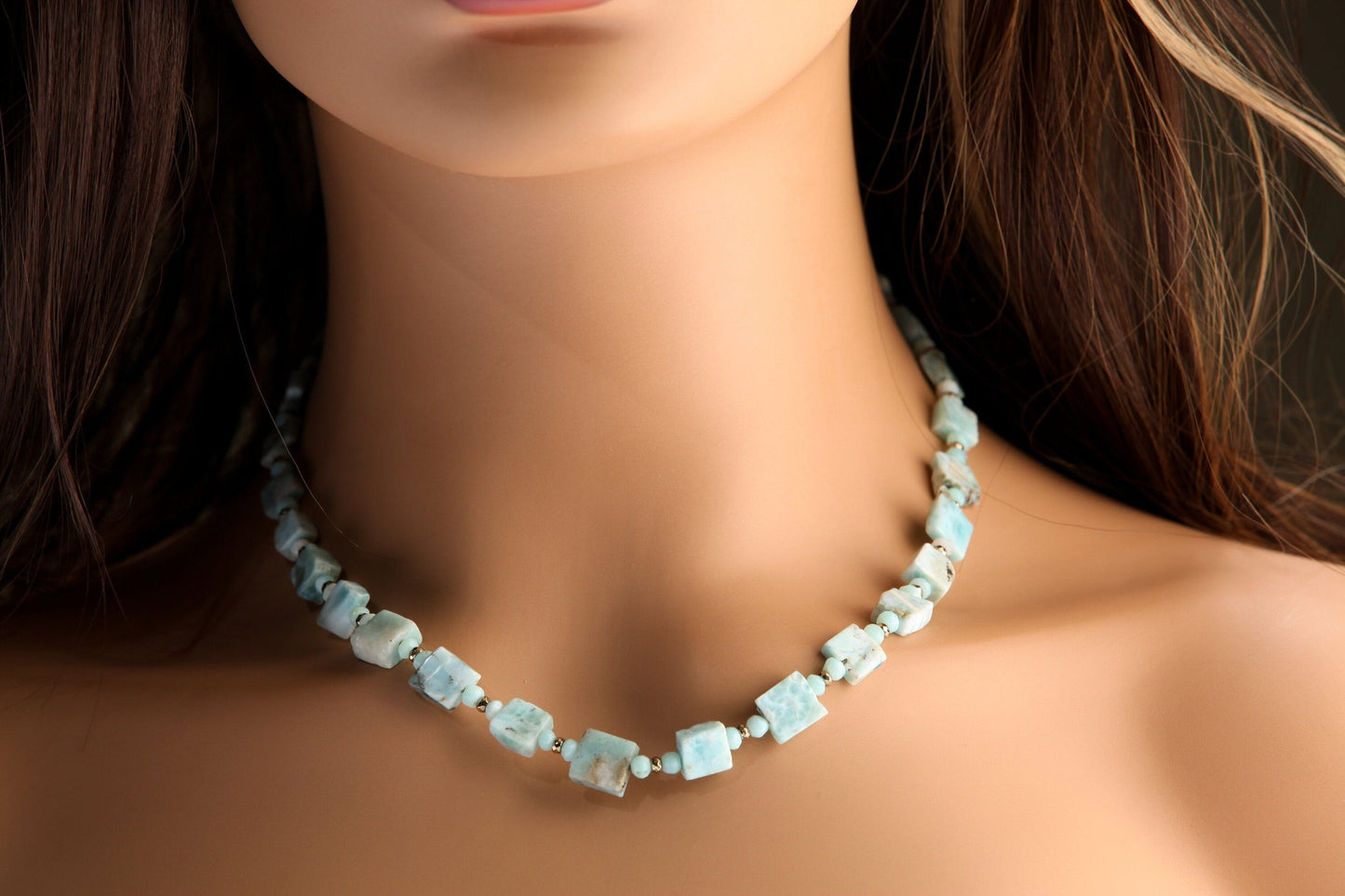 Natural Larimar raw free form 10mm Square with Larimar Rondelle and Pyrite Spacers ,14K Gold Filled Clasp 18.5" Handmade Necklace, Healing