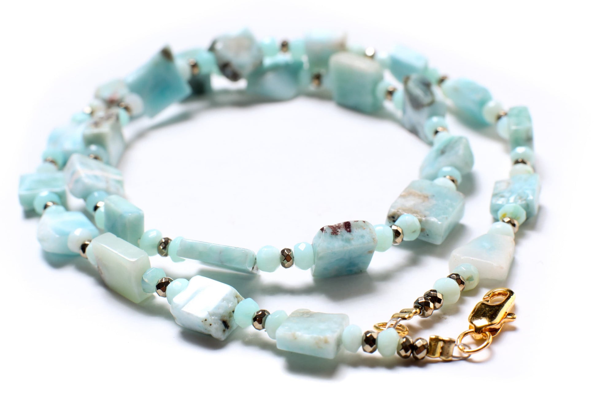 Natural Larimar raw free form 10mm Square with Larimar Rondelle and Pyrite Spacers ,14K Gold Filled Clasp 18.5&quot; Handmade Necklace, Healing