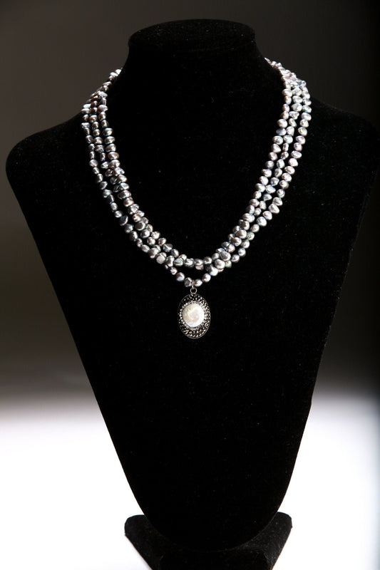 Natural Freshwater Gray Pearl High Luster Triple Strand Necklace, Freshwater 12mm Coin Pearl & Rhinestone Inlaid Pendant, 17"+2" Extender