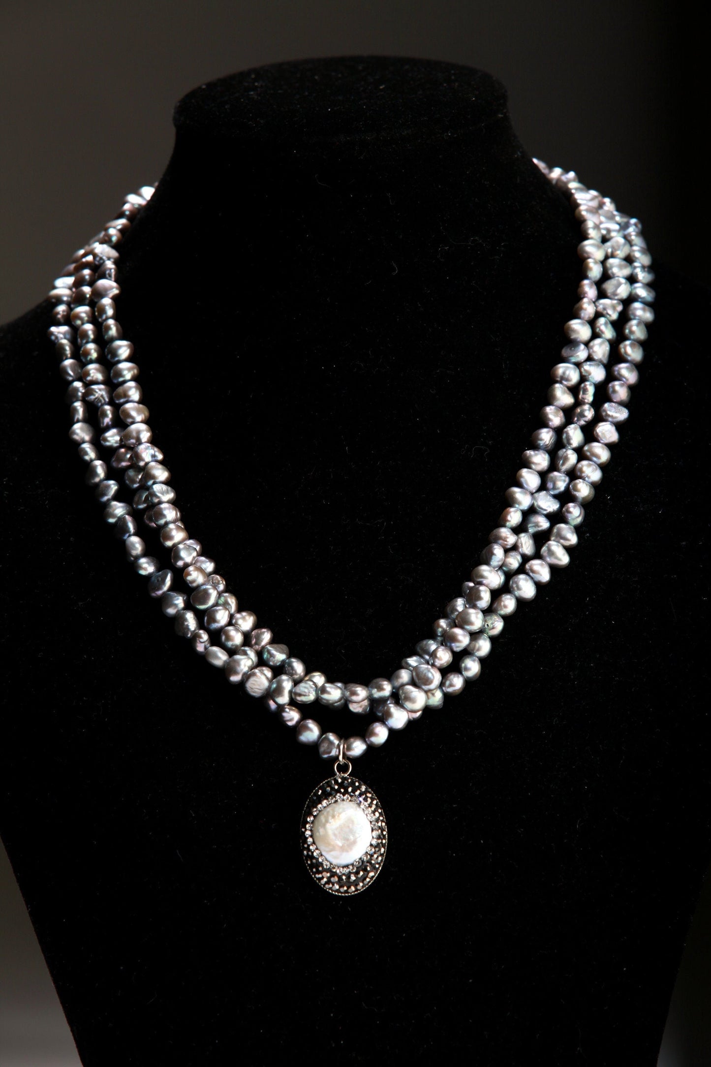 Natural Freshwater Gray Pearl High Luster Triple Strand Necklace, Freshwater 12mm Coin Pearl & Rhinestone Inlaid Pendant, 17&quot;+2&quot; Extender