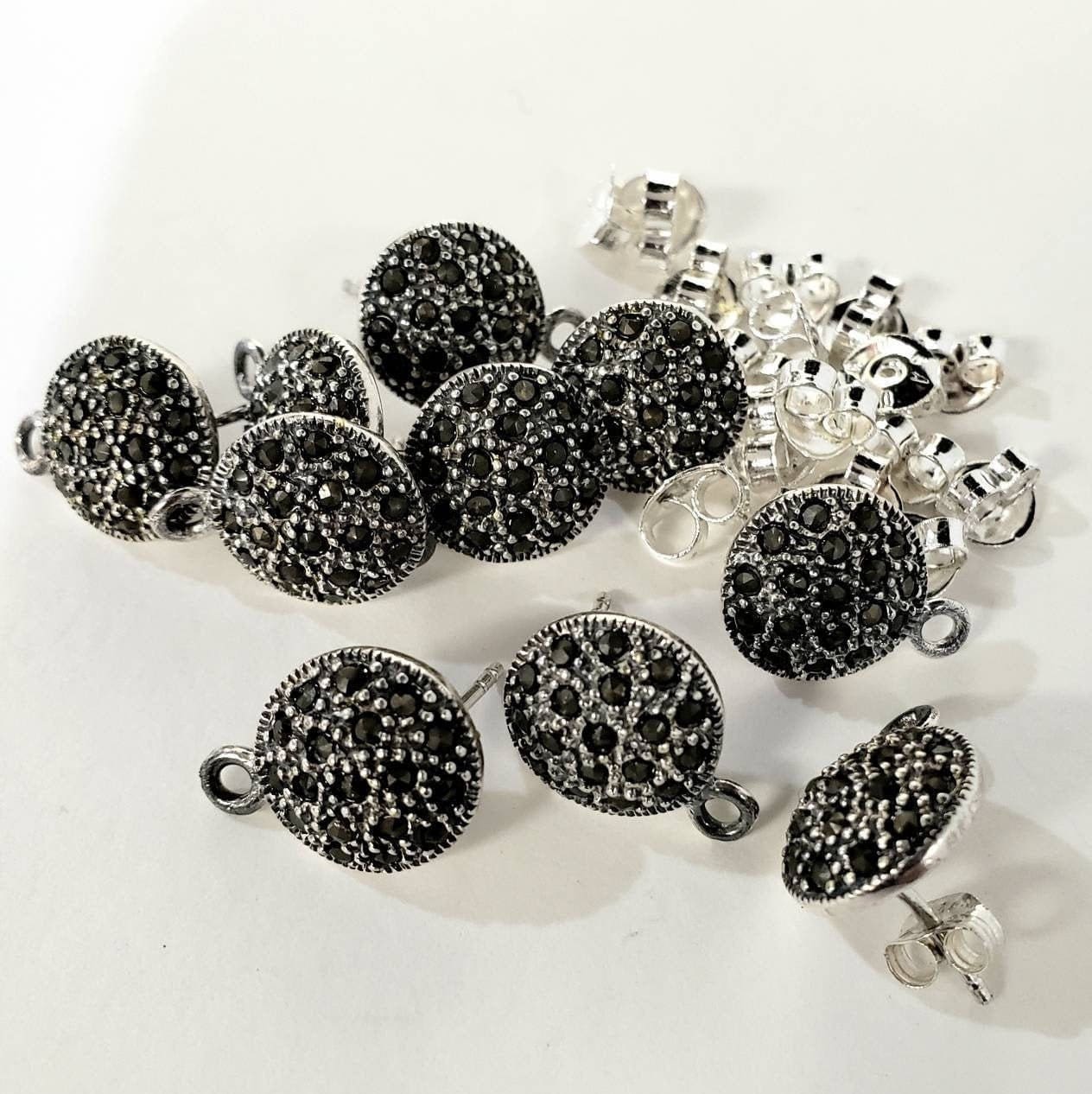 Marcasite 925 sterling silver 12mm disc earrings post with butterfly clutch, vintage, earrings making findings 1 pair, 2 pieces.