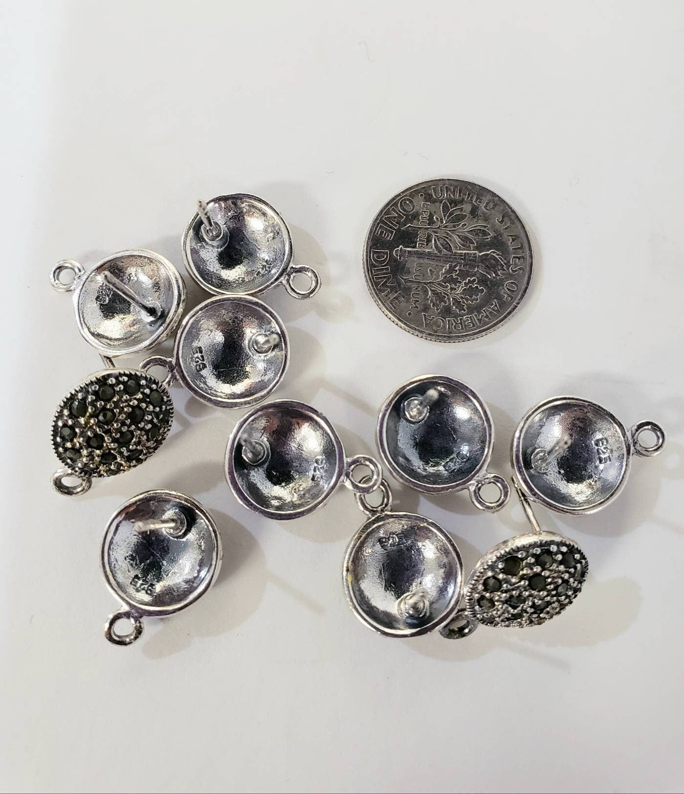 Marcasite 925 sterling silver 12mm disc earrings post with butterfly clutch, vintage, earrings making findings 1 pair, 2 pieces.