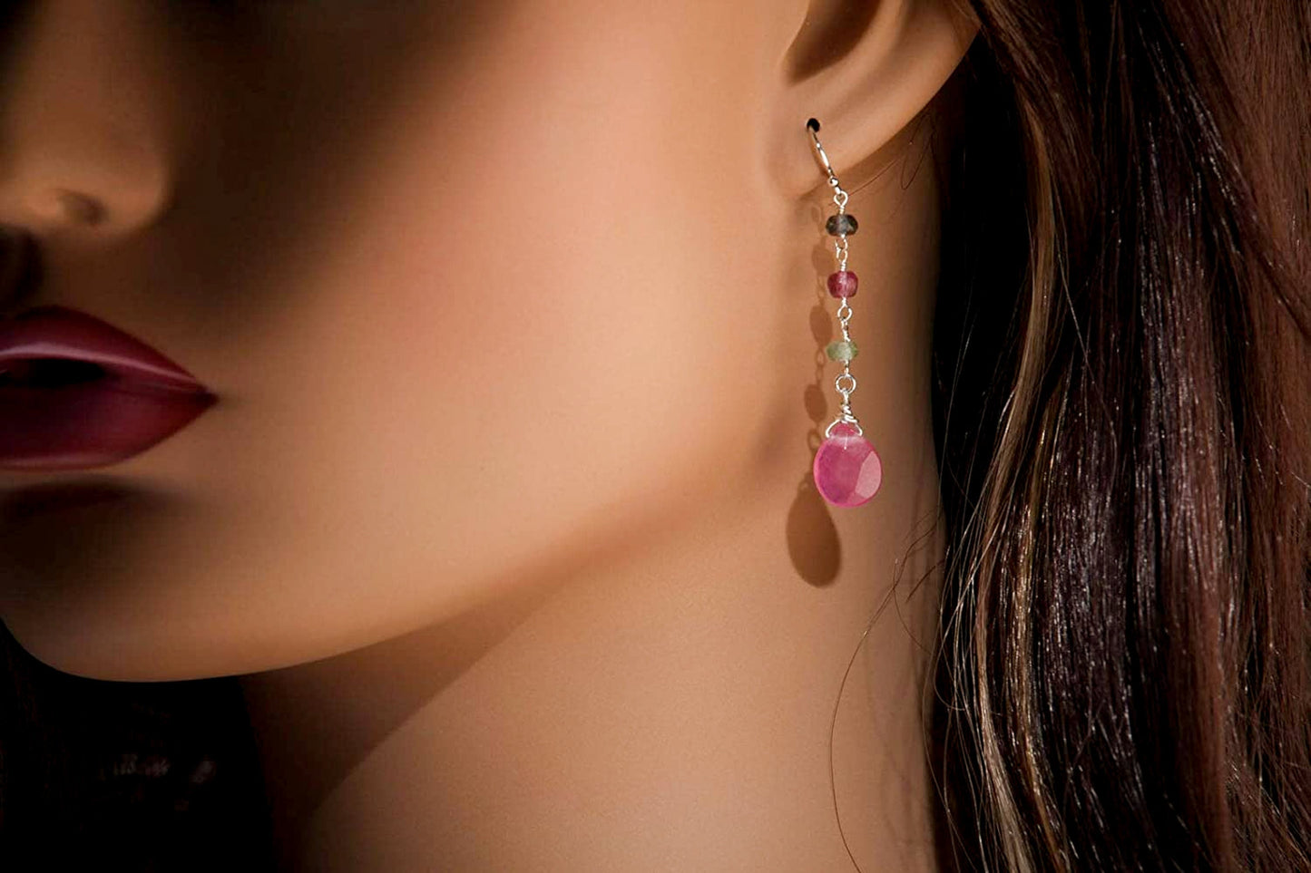 Watermelon Tourmaline Wire Wrapped Dangling Soft Pink Quartz Teardrop Earrings in 925 Sterling Silver Earwire, Handmade Gift for Her