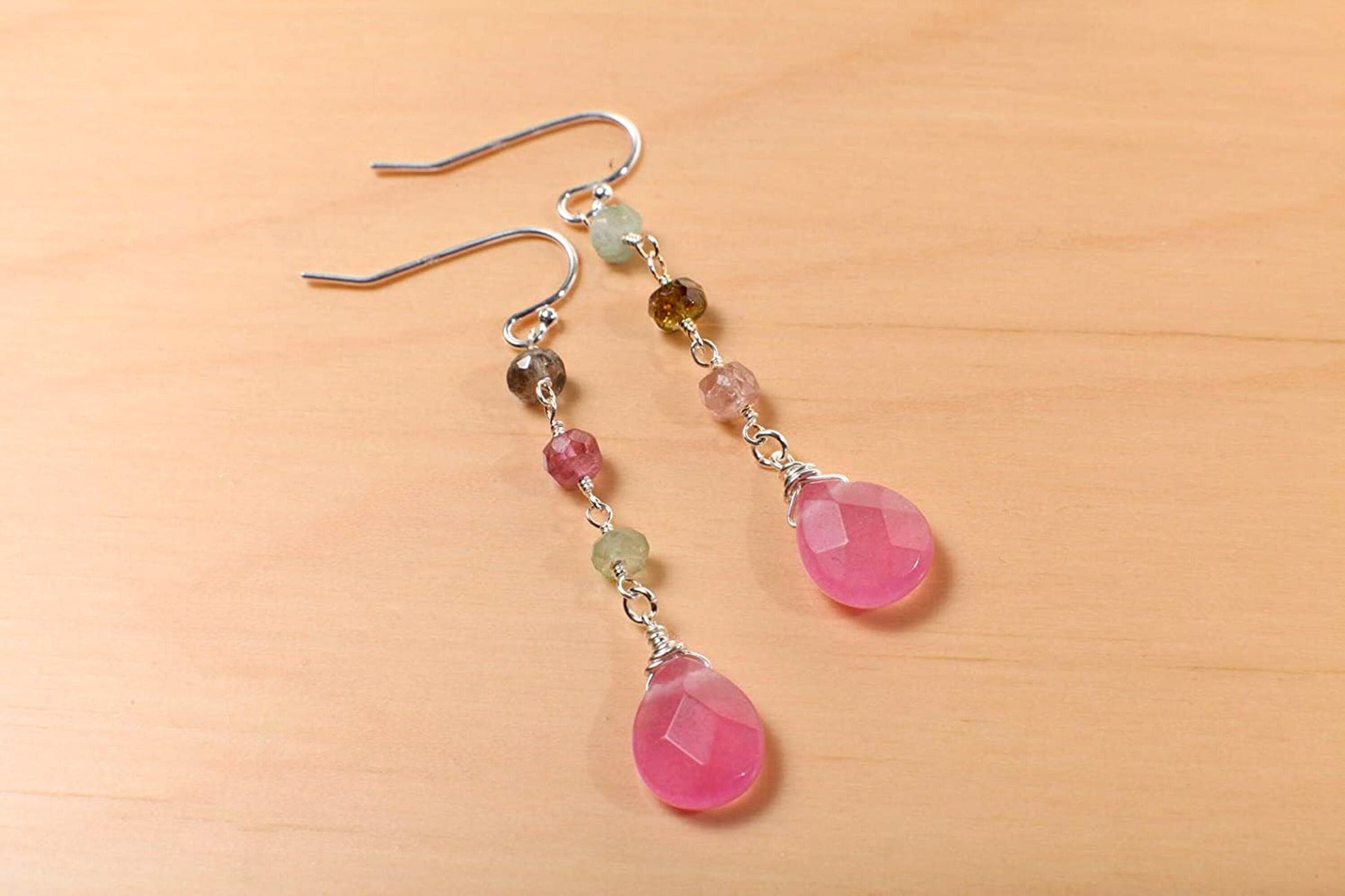 Watermelon Tourmaline Wire Wrapped Dangling Soft Pink Quartz Teardrop Earrings in 925 Sterling Silver Earwire, Handmade Gift for Her