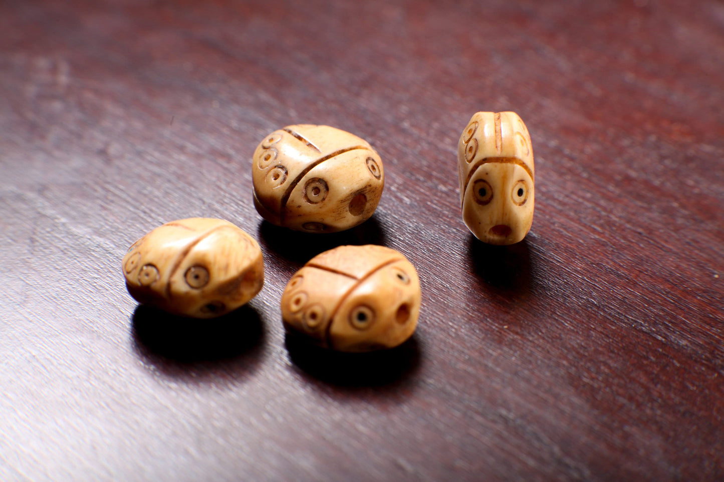 Carved Buffalo Bone Hand Craved Lady Bug, 12mm Top To Bottom Drilled Polished Double Sided Puffed Handcrafted Bead Charm, Art Deco