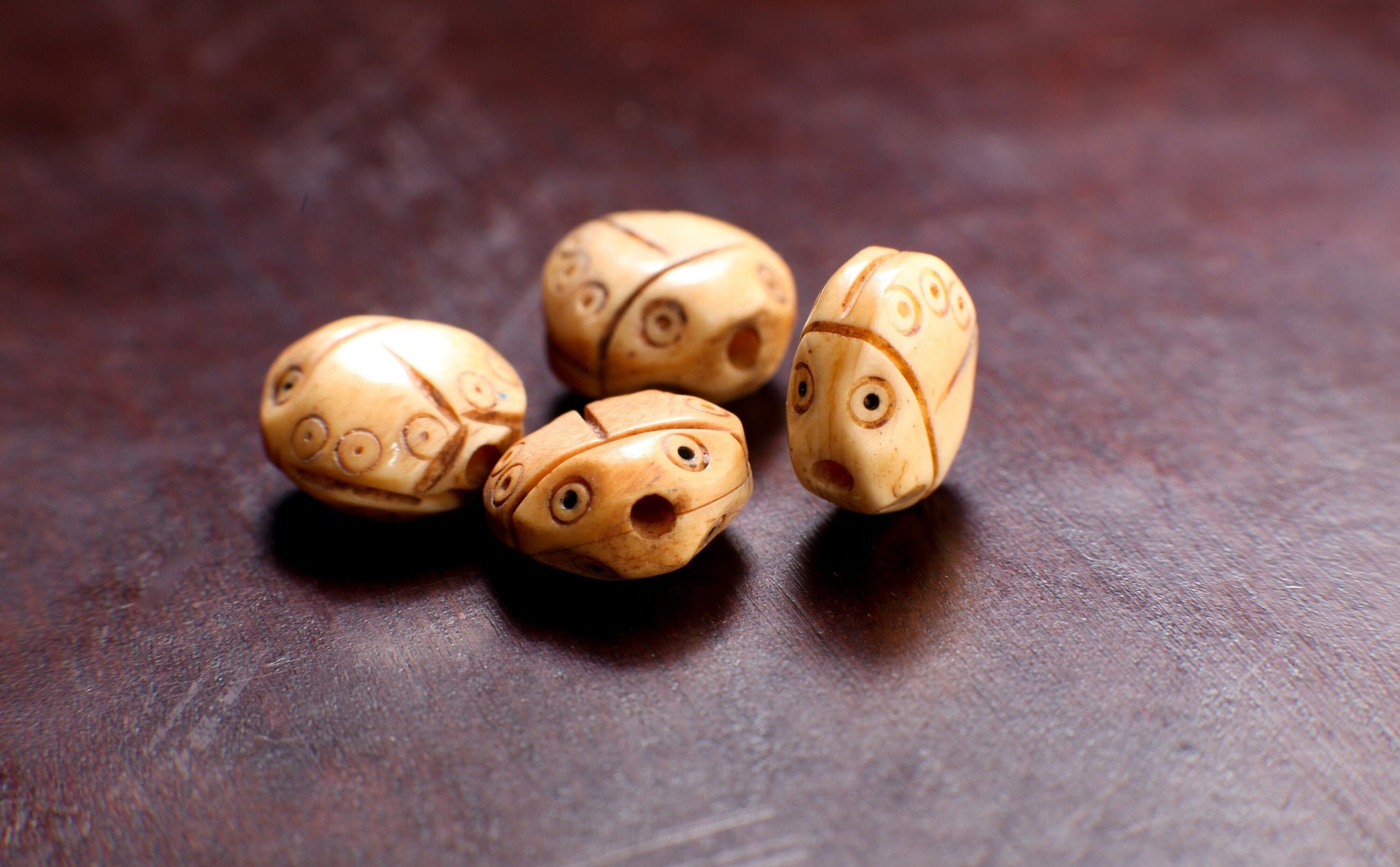 Carved Buffalo Bone Hand Craved Lady Bug, 12mm Top To Bottom Drilled Polished Double Sided Puffed Handcrafted Bead Charm, Art Deco