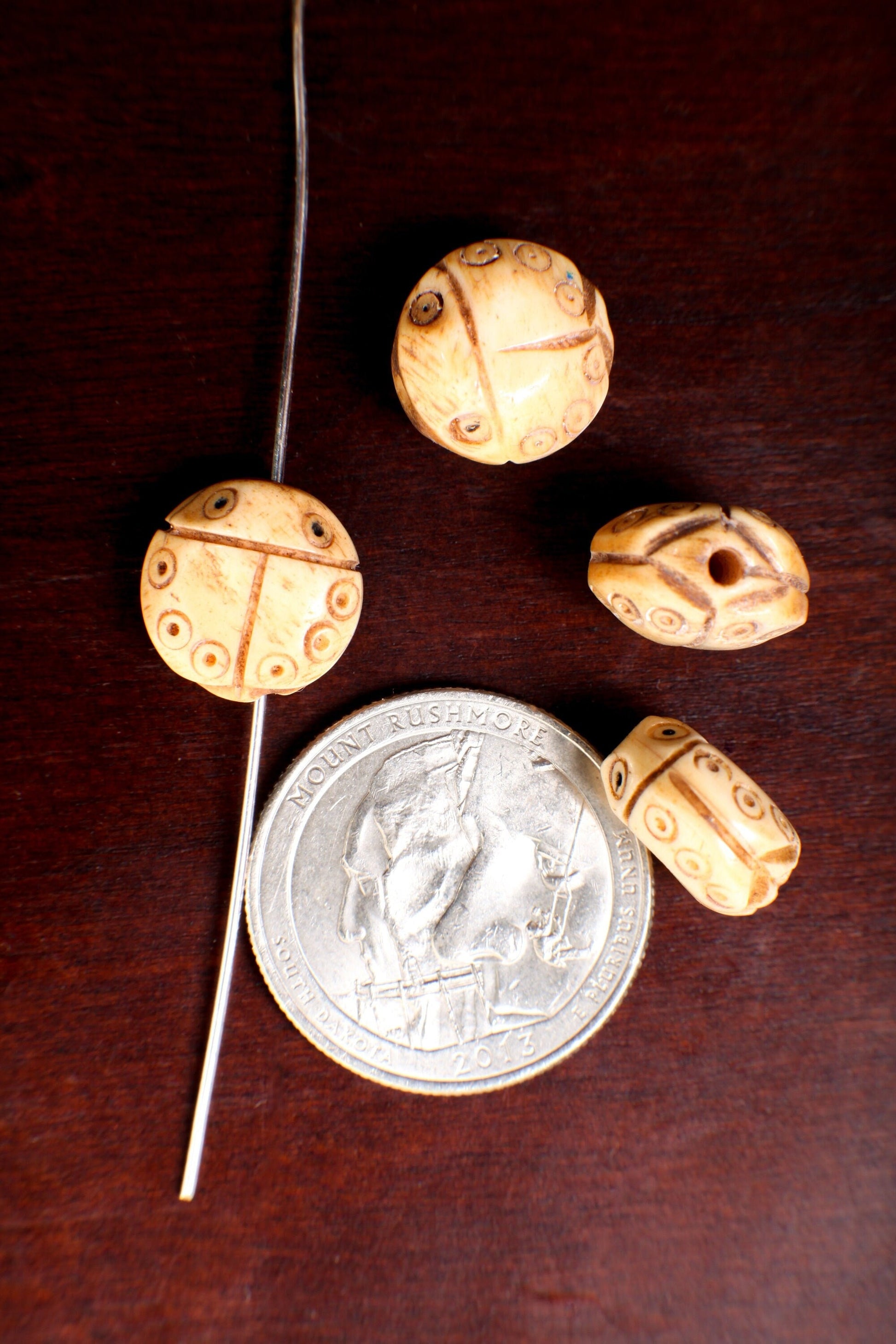 Carved Buffalo Bone Hand Craved Lady Bug, 12mm Top To Bottom Drilled Polished Double Sided Puffed Handcrafted Bead Charm, Art Deco