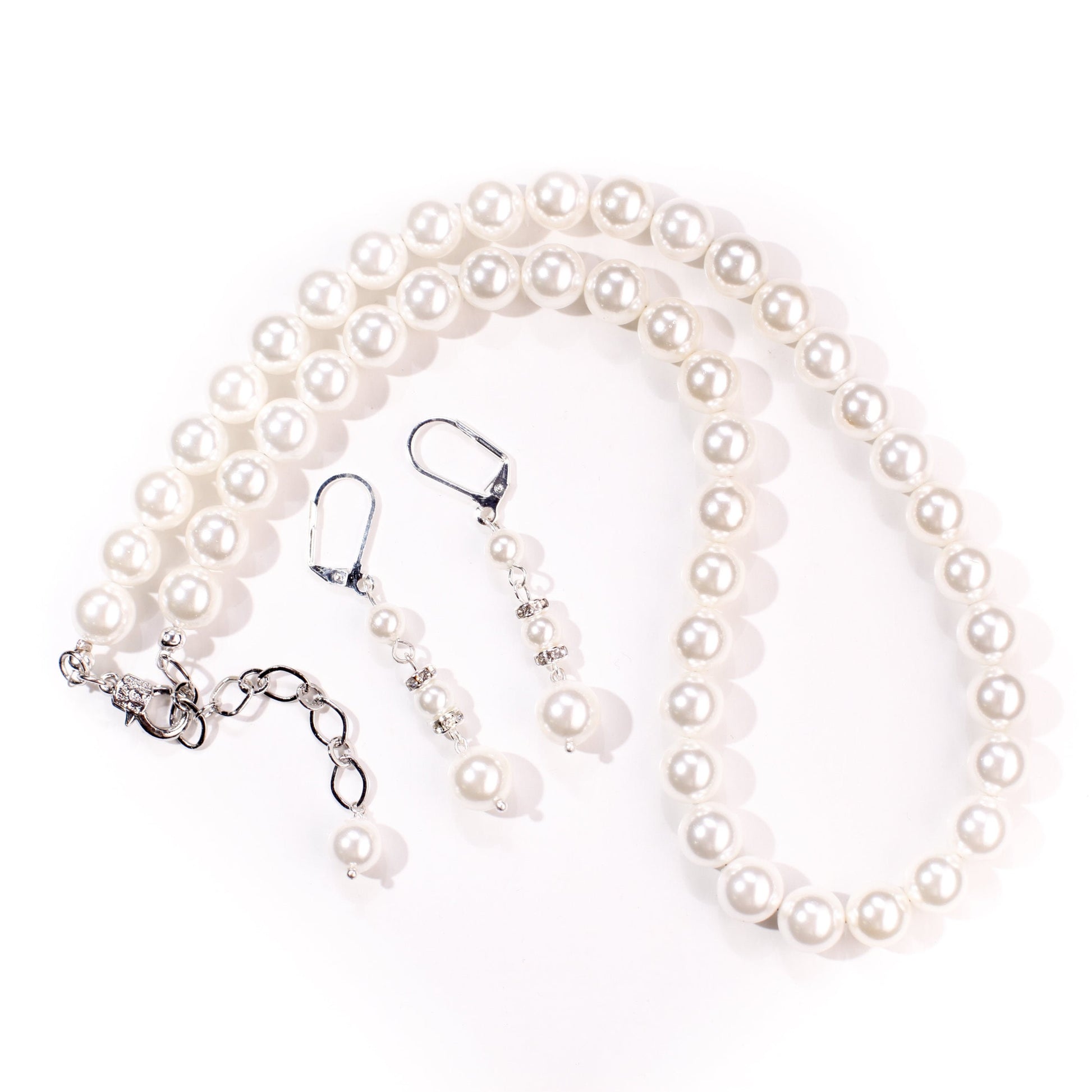 South Sea Shell Pearl 8mm Bridal Necklace, Dangling Earrings Sets, Fancy Rhodium Lobster Clasp 17” with 2"Extension Chain Jewelry Set