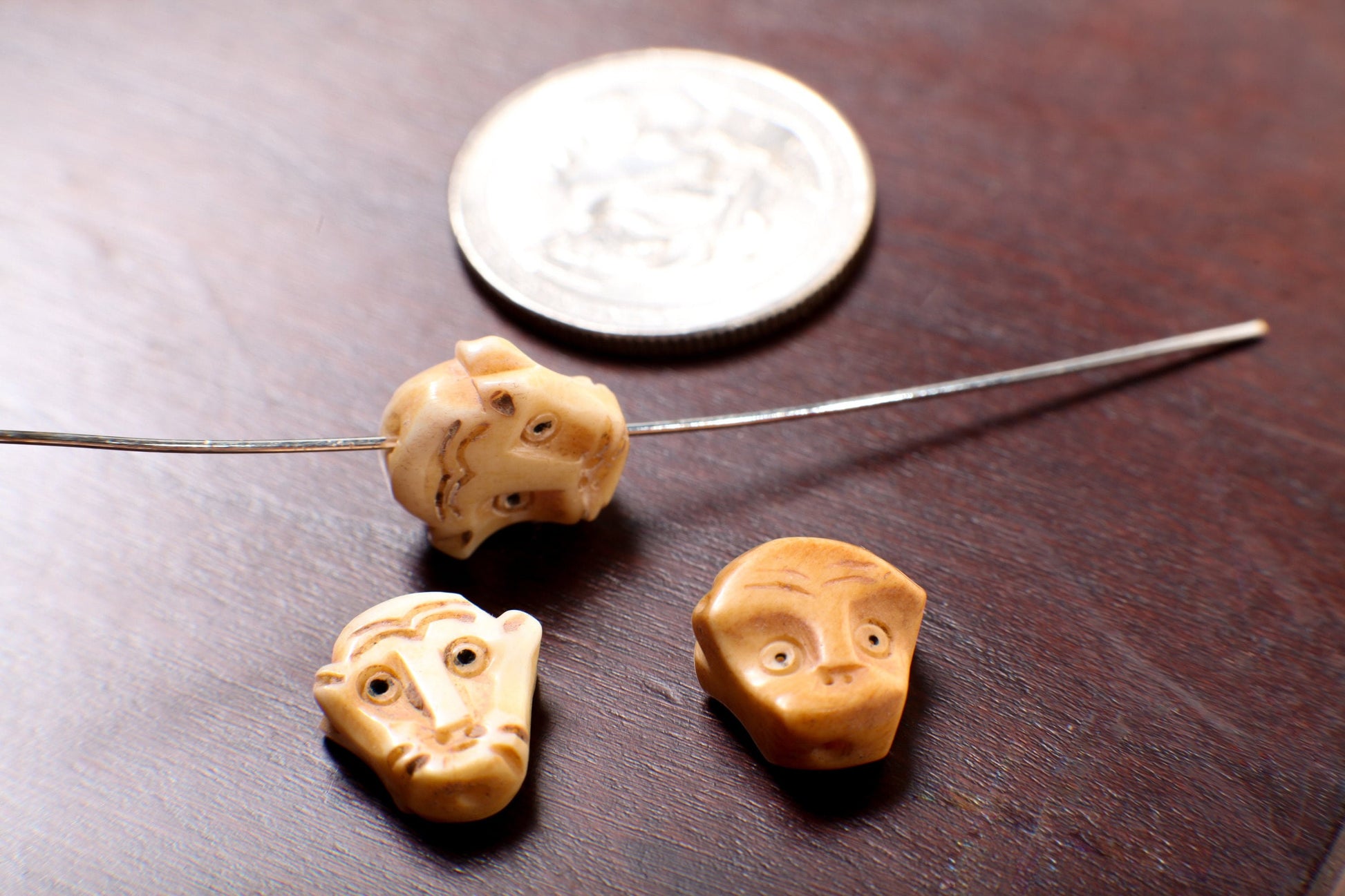 Carved Buffalo Bone Hand Craved Monkey Head, 12mm Top To Bottom Drilled Polished Double Sided Handcrafted Bead Charm, Art Deco