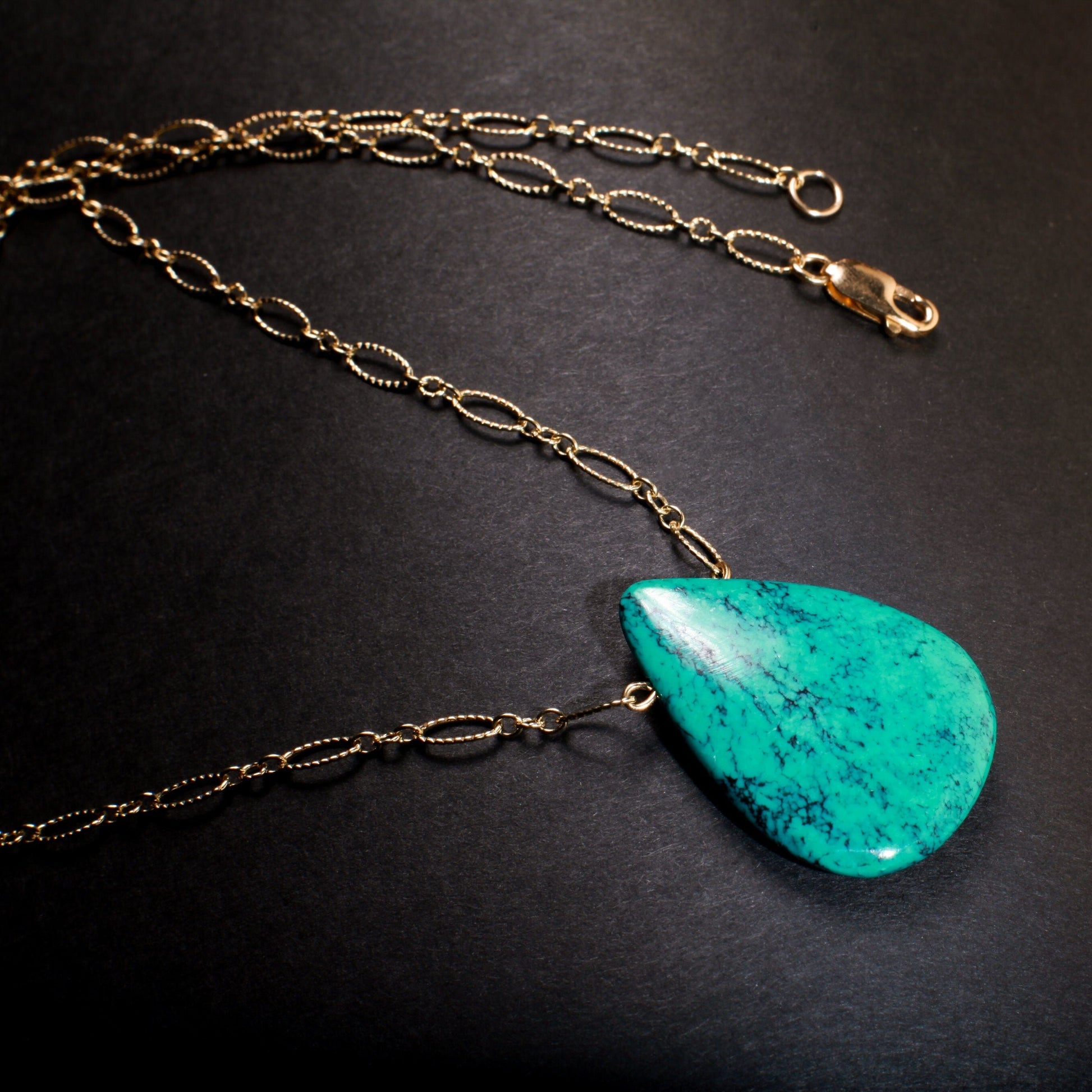 Genuine Tibetan Spiderweb Turquoise Double Sided Teardrop Pendant in 14K Gold Filled Corrugated Chain 20&quot; Gift For Her