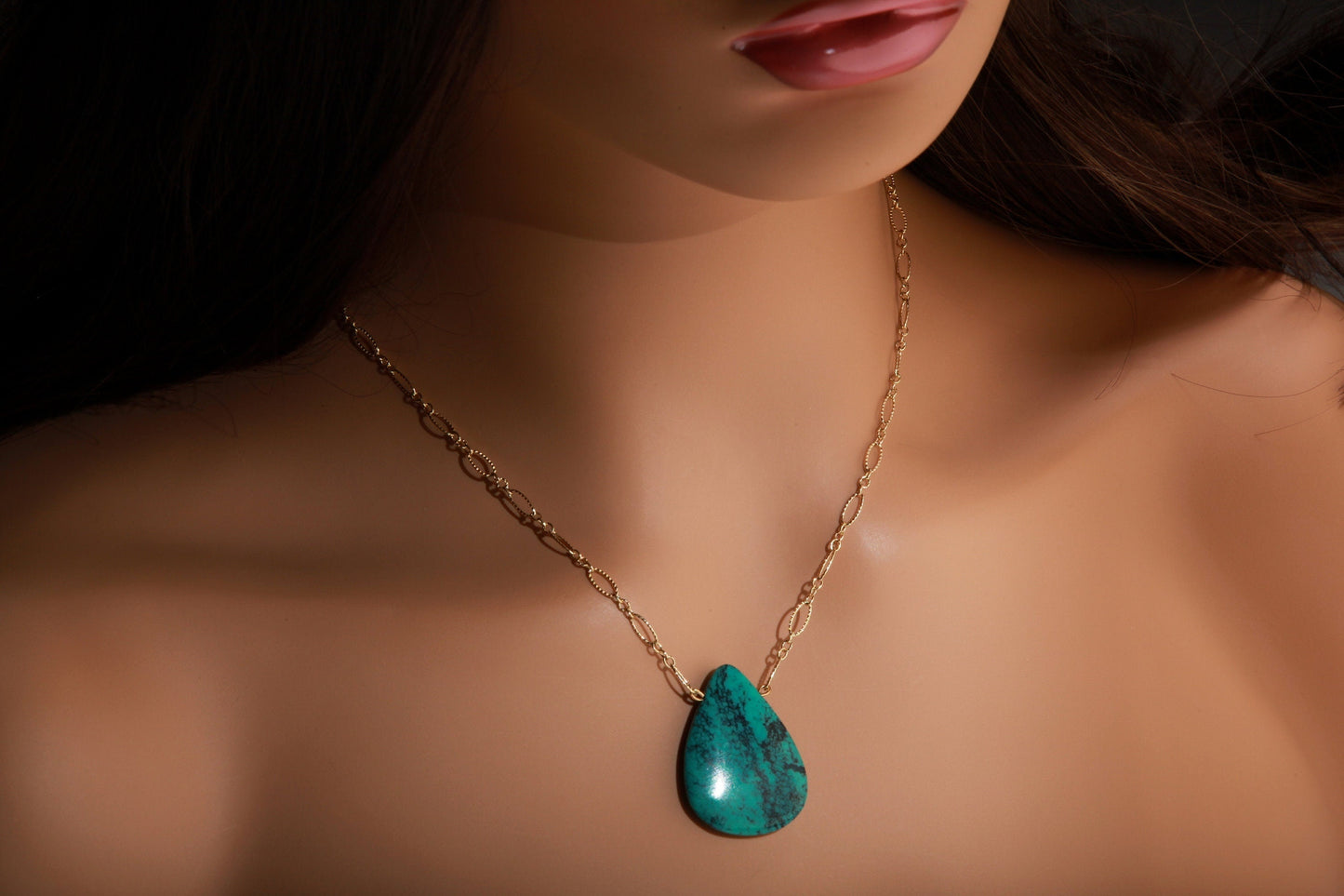 Genuine Tibetan Spiderweb Turquoise Double Sided Teardrop Pendant in 14K Gold Filled Corrugated Chain 20&quot; Gift For Her