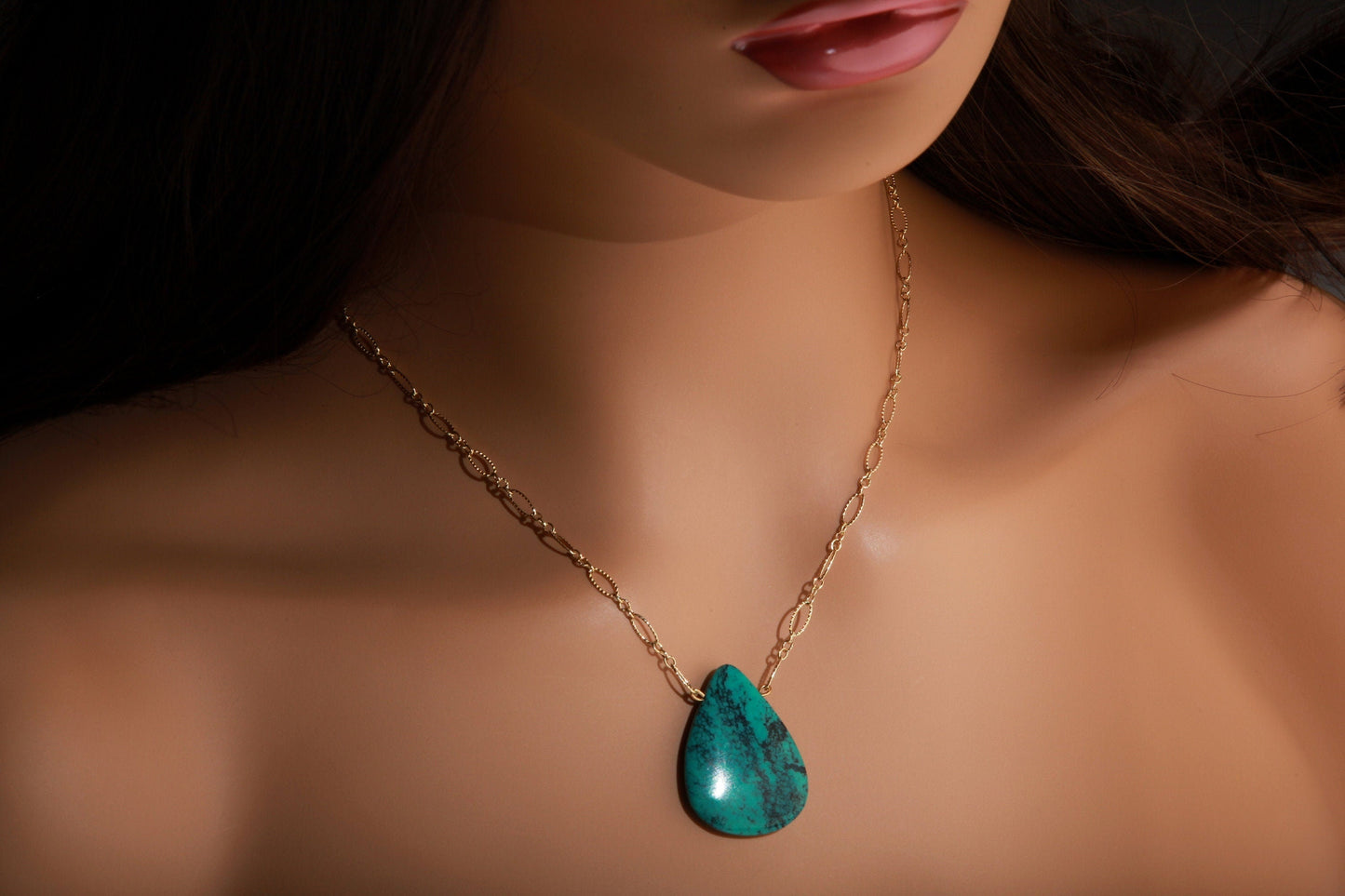 Genuine Tibetan Spiderweb Turquoise Double Sided Teardrop Pendant in 14K Gold Filled Corrugated Chain 20&quot; Gift For Her