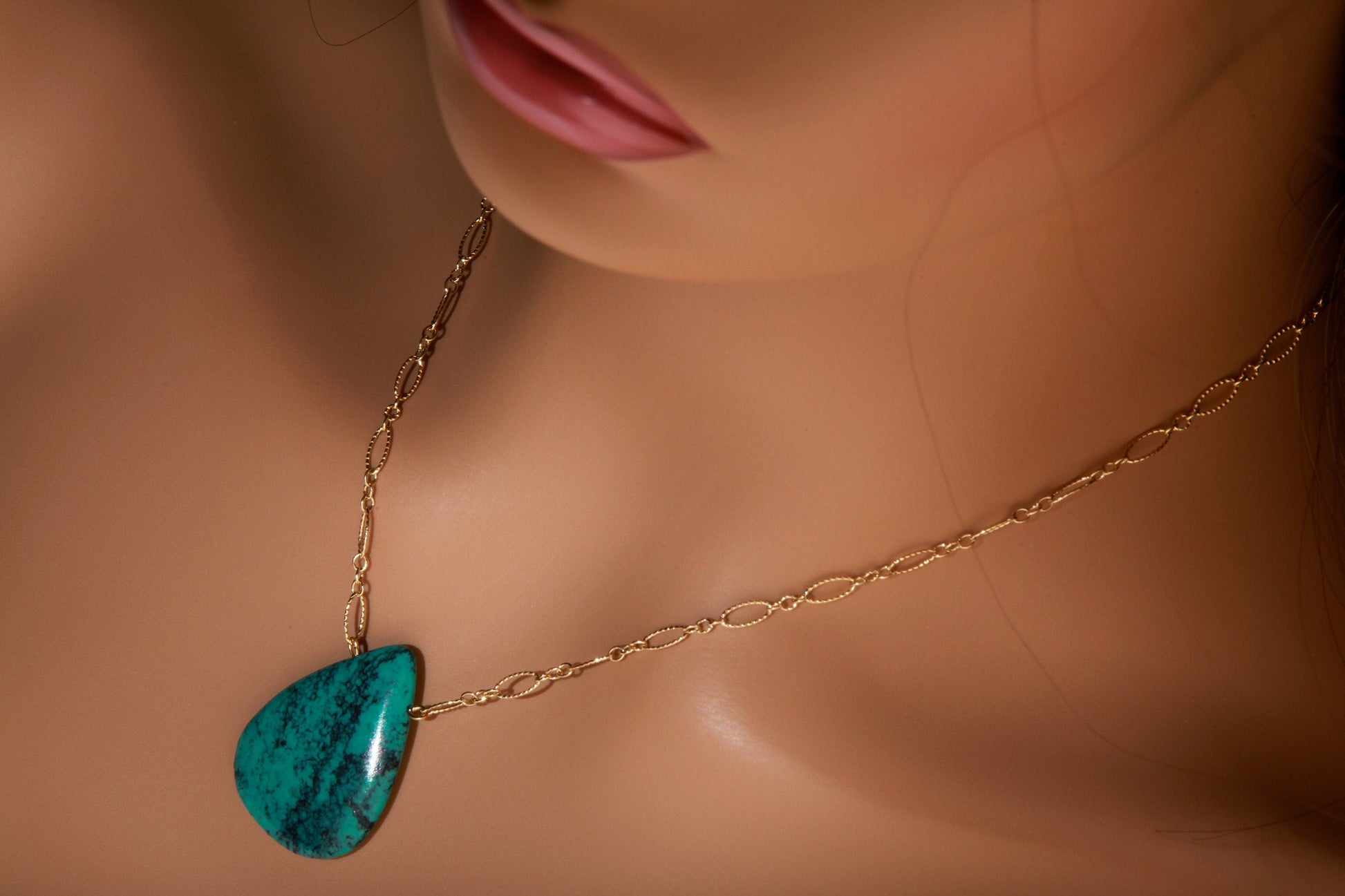 Genuine Tibetan Spiderweb Turquoise Double Sided Teardrop Pendant in 14K Gold Filled Corrugated Chain 20&quot; Gift For Her