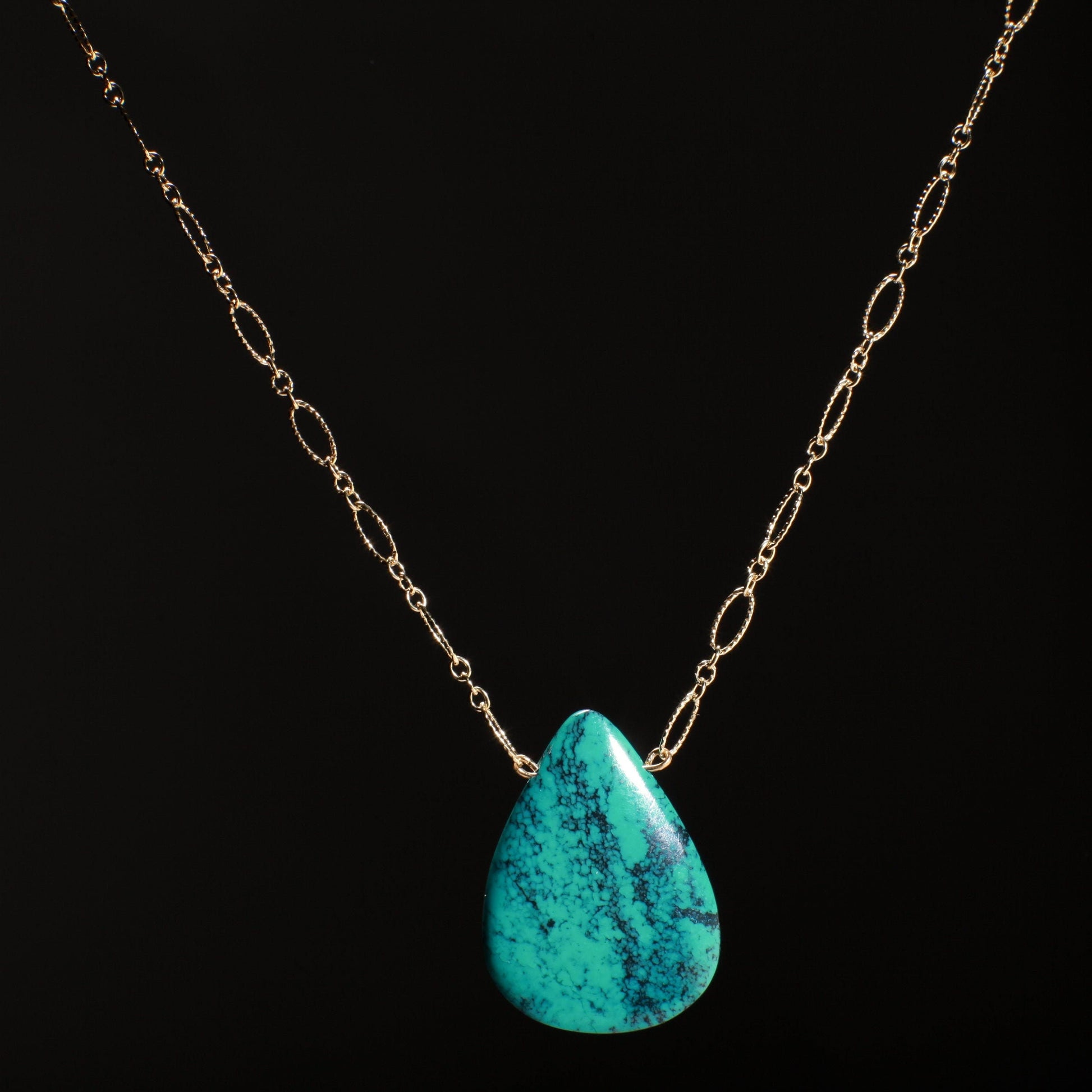 Genuine Tibetan Spiderweb Turquoise Double Sided Teardrop Pendant in 14K Gold Filled Corrugated Chain 20&quot; Gift For Her