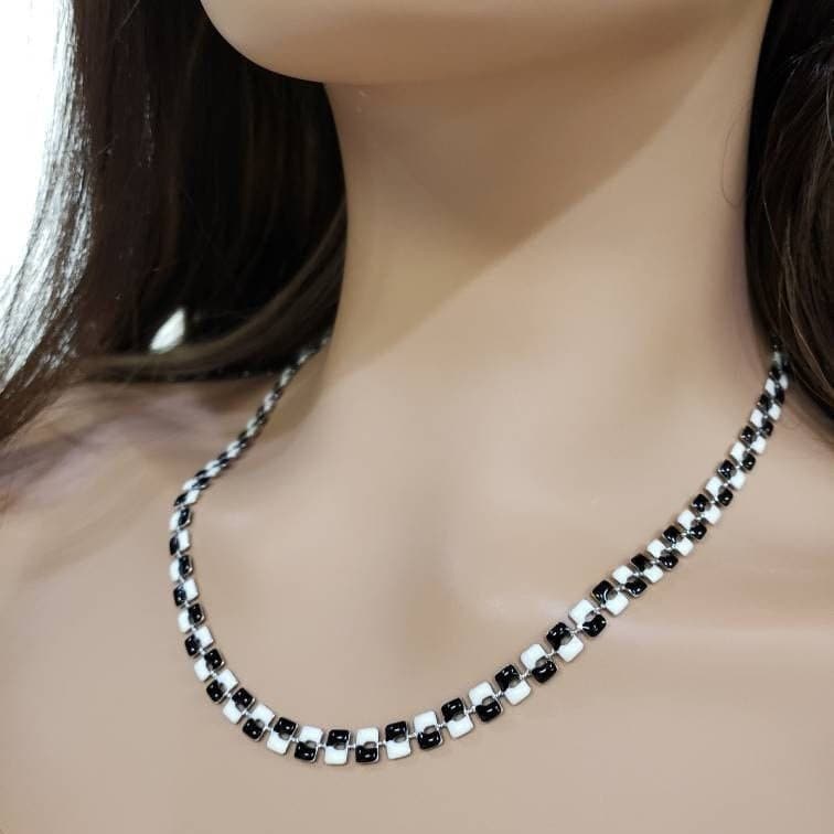 Black and white enamel designed anti turnish rhodium chain choker or long layering simple necklace .