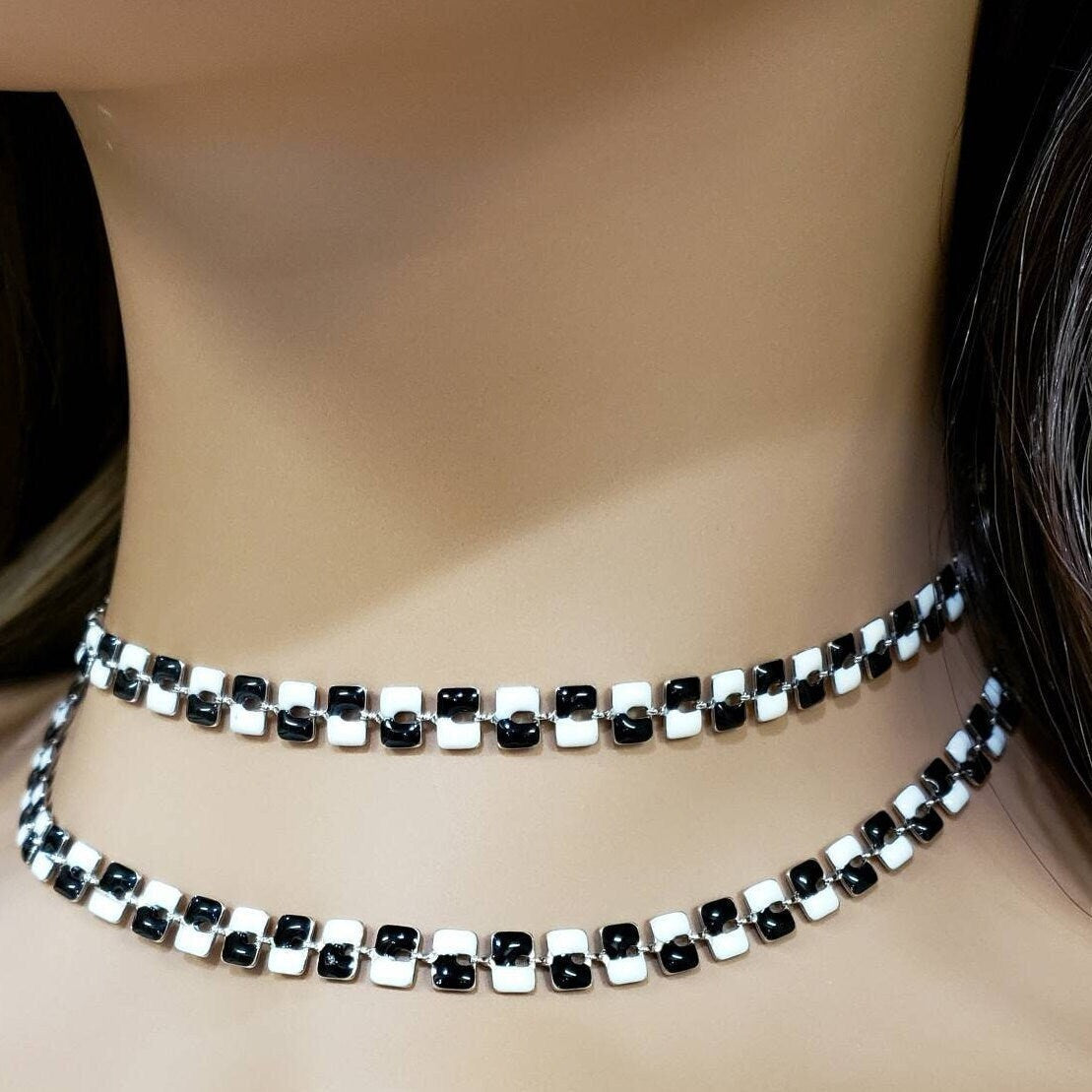 Black and white enamel designed anti turnish rhodium chain choker or long layering simple necklace .