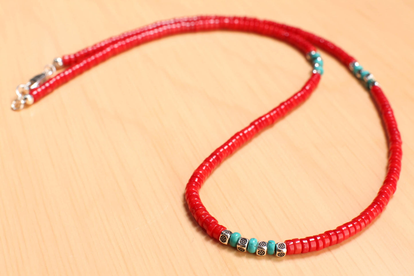 Genuine AAA Red Bamboo 4mm Coral Heishe and Turquoise 4mm Rondelle Spacers Silver Necklace, Coral heishi Necklace16"- 30" for Man and Woman.