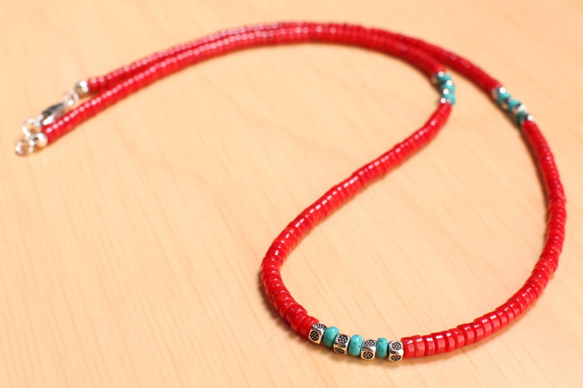 Genuine AAA Red Bamboo 4mm Coral Heishe and Turquoise 4mm Rondelle Spacers Silver Necklace, Coral heishi Necklace16"- 30" for Man and Woman.