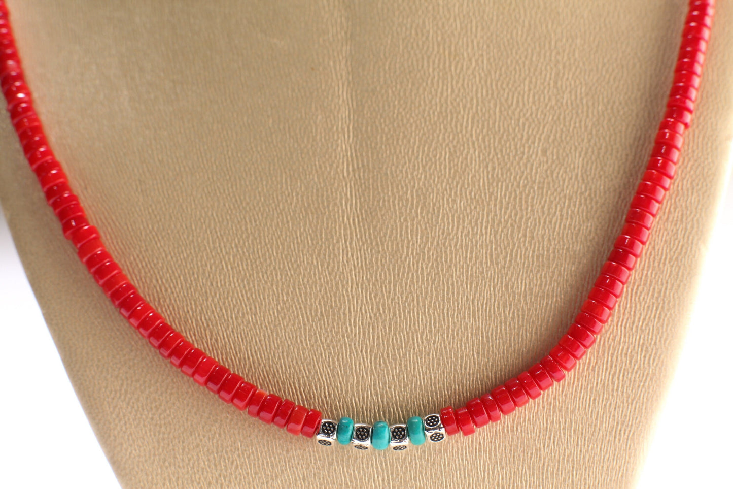 Genuine AAA Red Bamboo 4mm Coral Heishe and Turquoise 4mm Rondelle Spacers Silver Necklace, Coral heishi Necklace16"- 30" for Man and Woman.