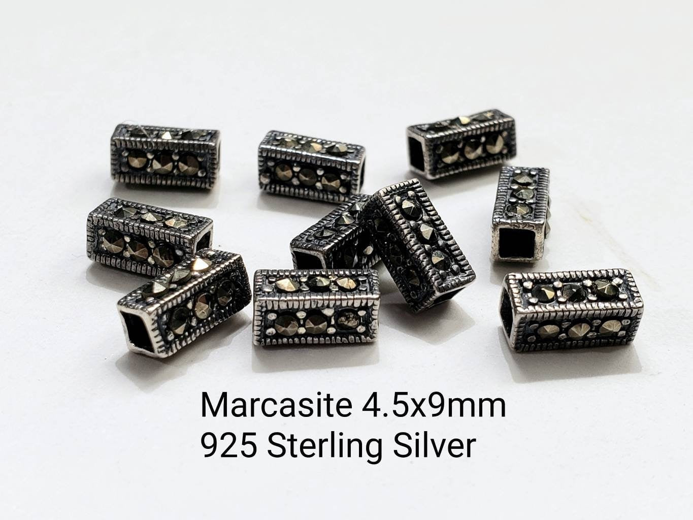 2 pieces Marcasite 925 sterling silver 4.5x9mm square rectangular shape vintage Antique spacer bead , jewelry making spacer bead.