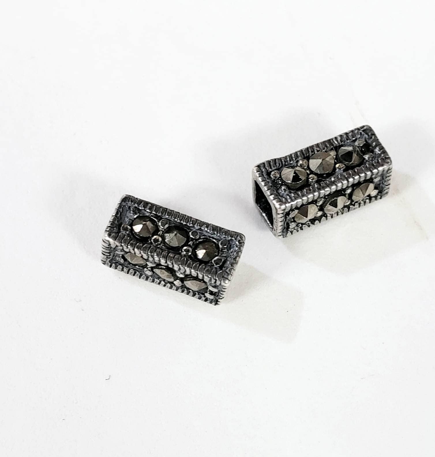 2 pieces Marcasite 925 sterling silver 4.5x9mm square rectangular shape vintage Antique spacer bead , jewelry making spacer bead.