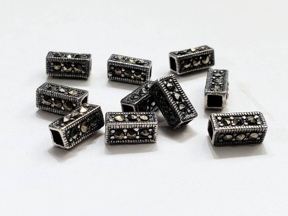 2 pieces Marcasite 925 sterling silver 4.5x9mm square rectangular shape vintage Antique spacer bead , jewelry making spacer bead.