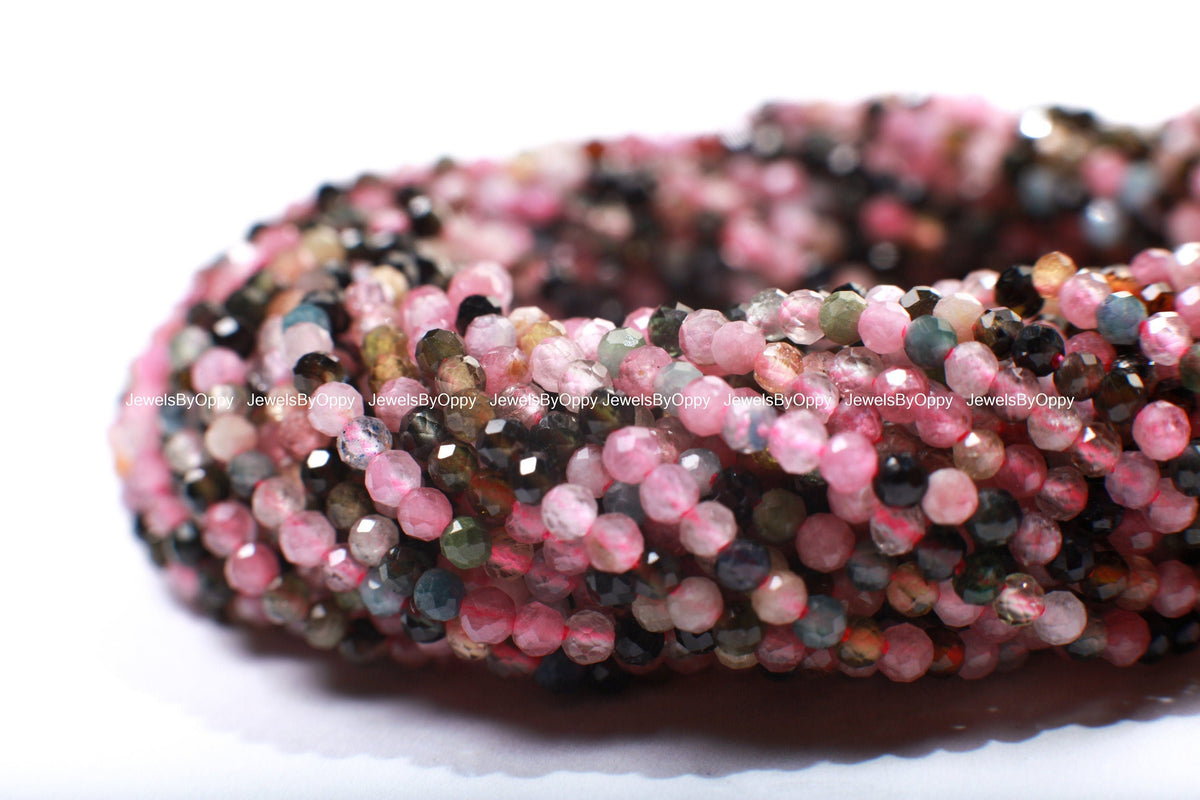 Natural Watermelon multi Tourmaline 2mm Faceted Micro Diamond Cut Round 15.5" Strand