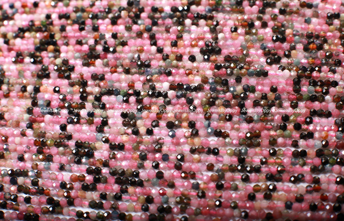 Natural Watermelon multi Tourmaline 2mm Faceted Micro Diamond Cut Round 15.5" Strand
