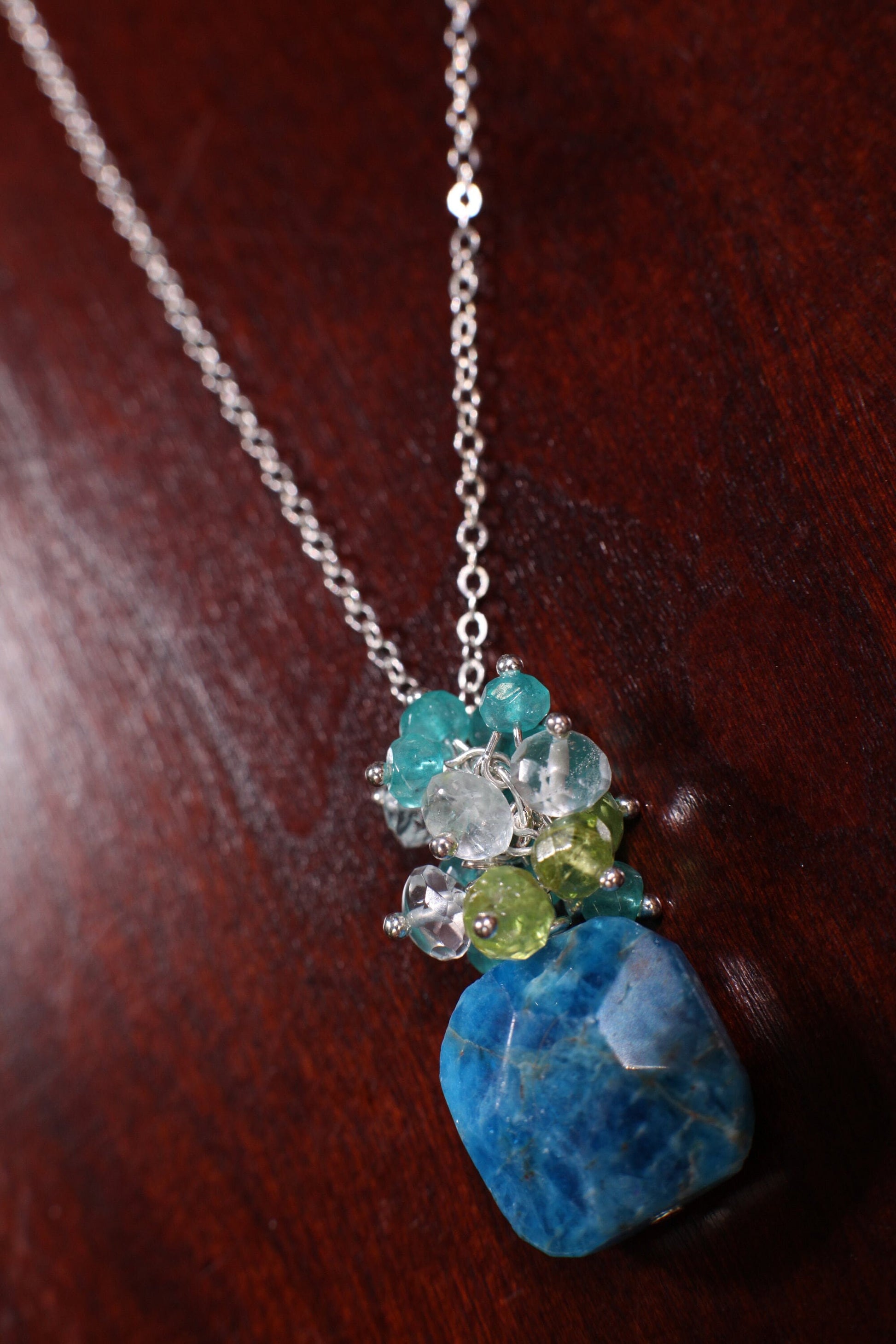 Natural Apatite Pillow Shape Pendant with Cluster Aquamarine, Peridot, Neon Apatite in 925 Sterling Silver Chain Necklace, Minimalist gift,