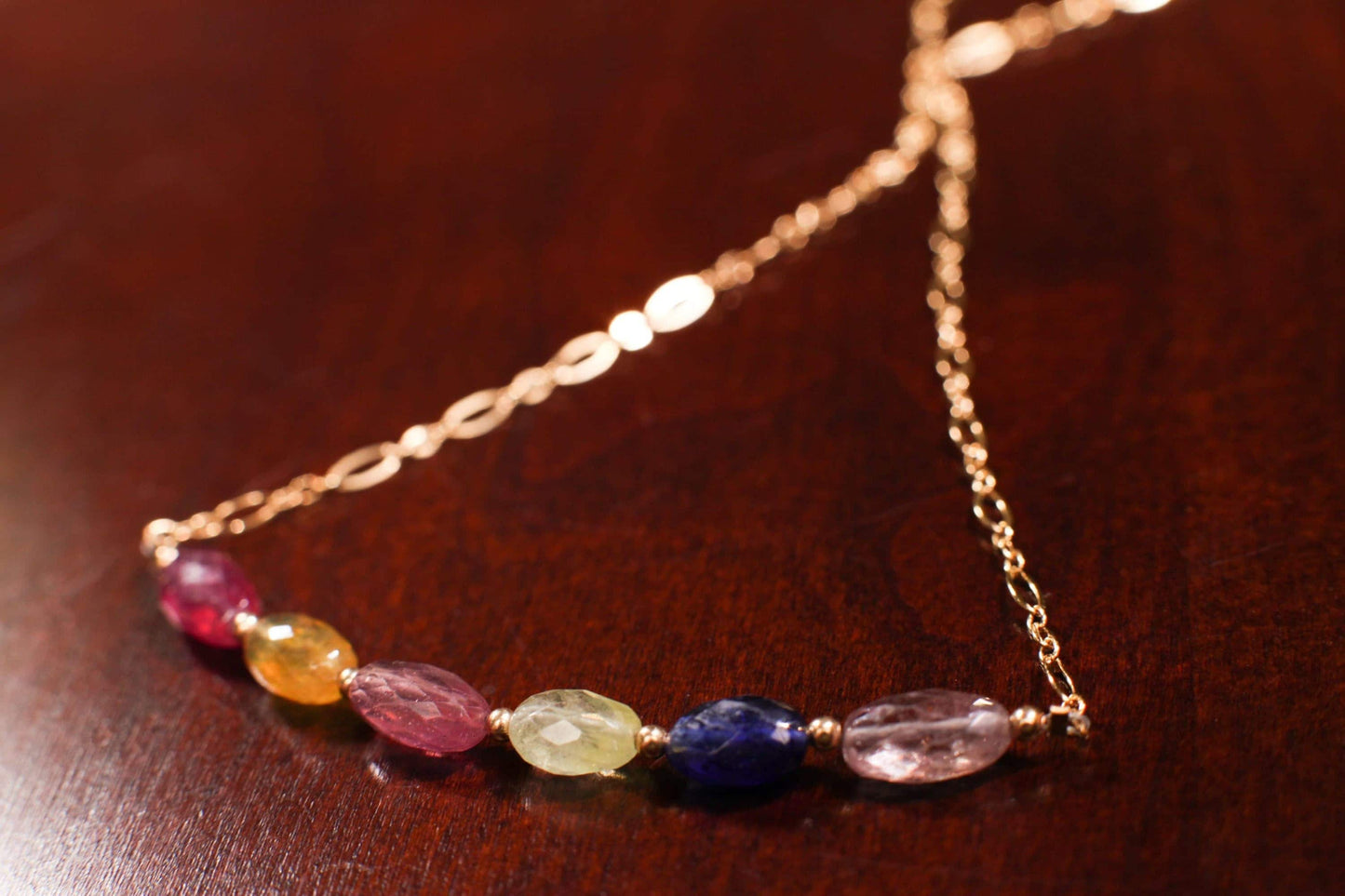 Natural Multi Sapphire Faceted Oval 5x8-9mm Gemstone Bar Necklace with 14K Gold Filled Spacers, Clasps and Chain, Elegant Gift for her