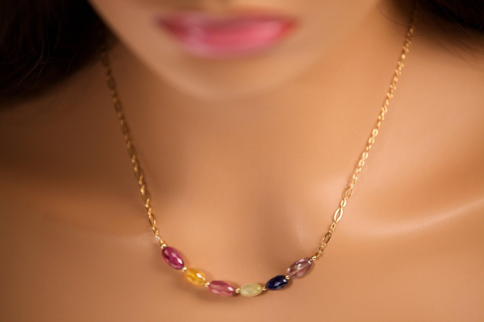 Natural Multi Sapphire Faceted Oval 5x8-9mm Gemstone Bar Necklace with 14K Gold Filled Spacers, Clasps and Chain, Elegant Gift for her