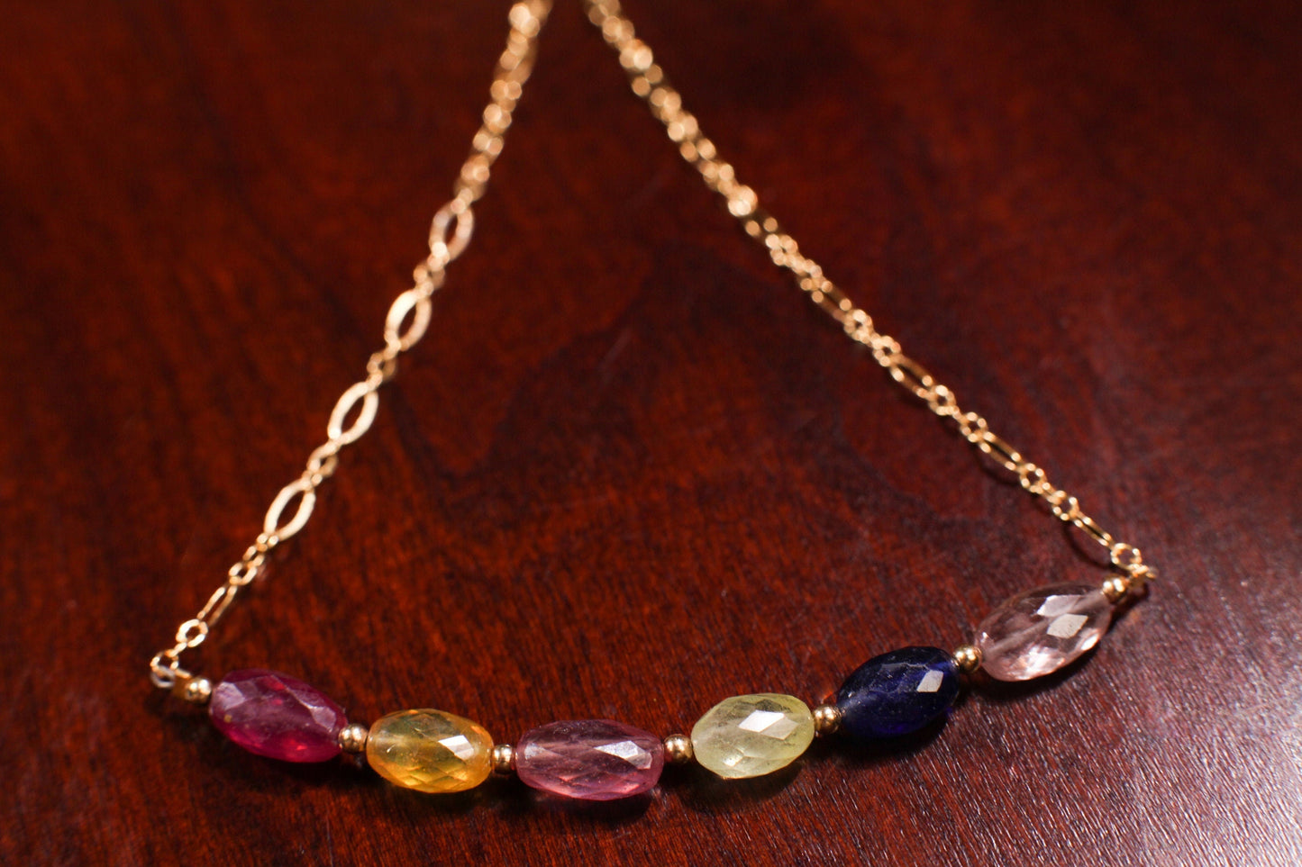 Natural Multi Sapphire Faceted Oval 5x8-9mm Gemstone Bar Necklace with 14K Gold Filled Spacers, Clasps and Chain, Elegant Gift for her