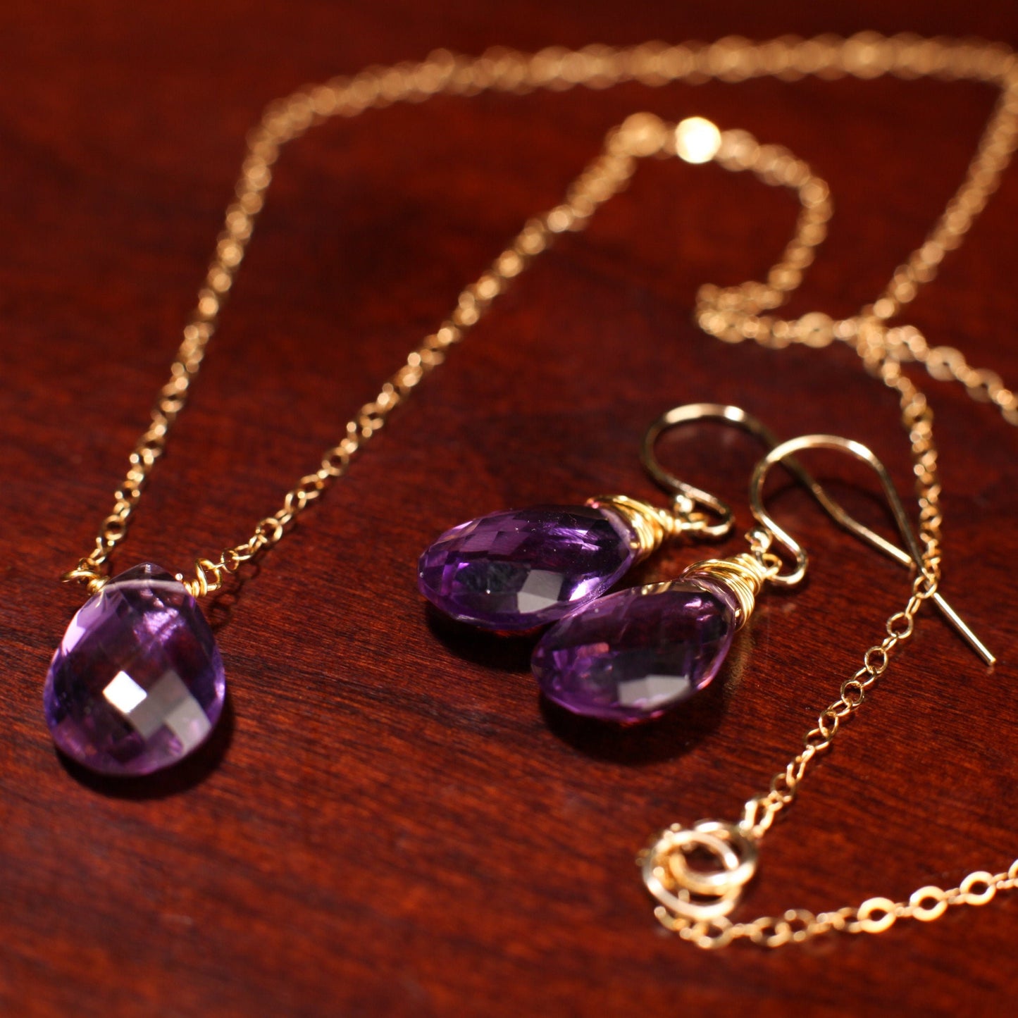 Genuine Amethyst 10x15mm AAA Quality Faceted Teardrop Wire Wrapped Pendant necklace or Earrings or buy as a Set in 14K Gold Filled