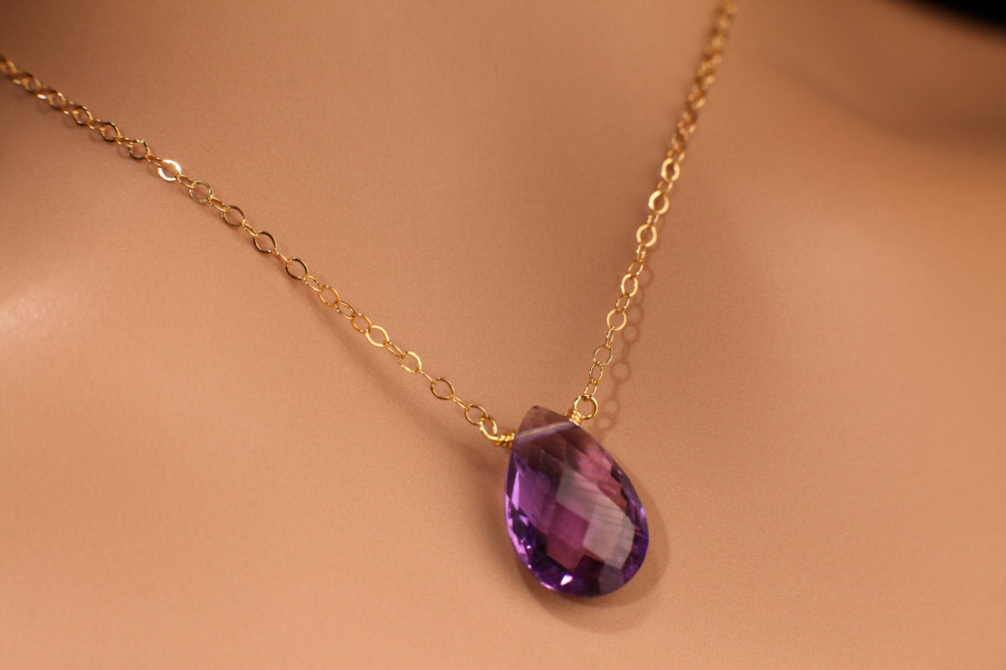 Genuine Amethyst 10x15mm AAA Quality Faceted Teardrop Wire Wrapped Pendant necklace or Earrings or buy as a Set in 14K Gold Filled