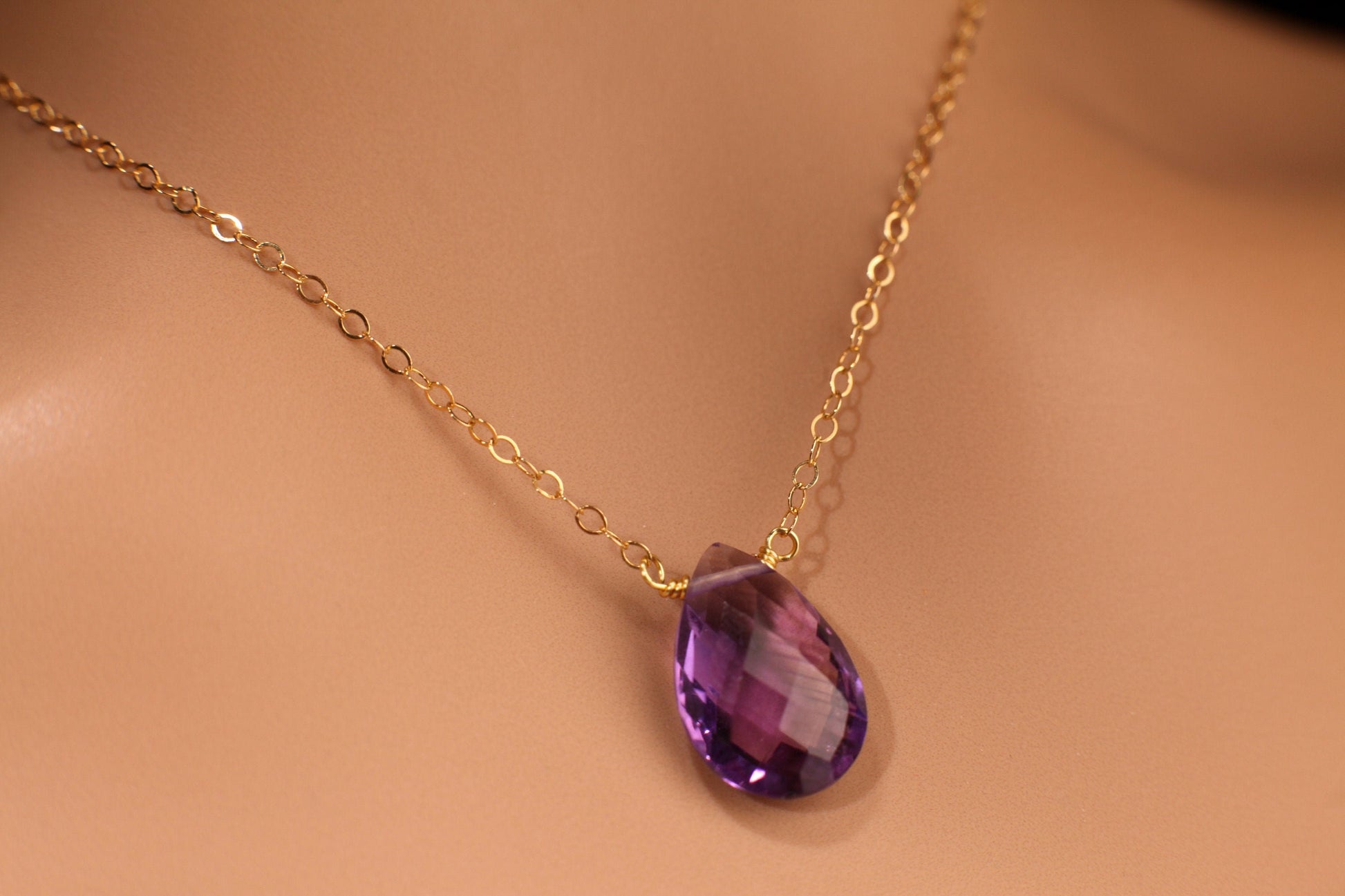 Genuine Amethyst 10x15mm AAA Quality Faceted Teardrop Wire Wrapped Pendant necklace or Earrings or buy as a Set in 14K Gold Filled