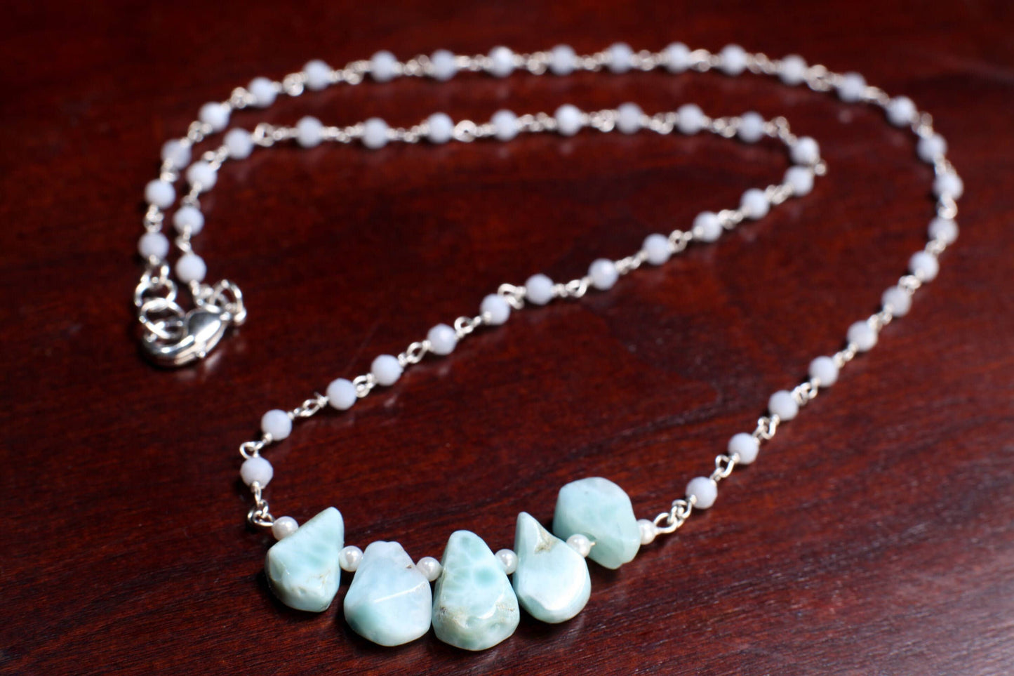 Natural Larimar Raw Free Form Teardrop Necklace with Blue Lace Agate Gemstone Chain and 925 Sterling Silver Clasp 19&quot;Handmade Necklace