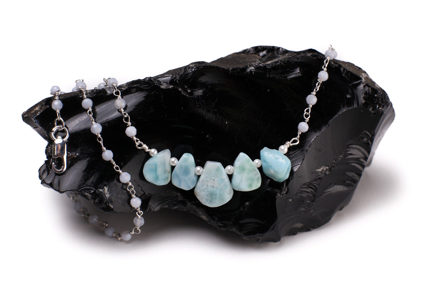 Natural Larimar Raw Free Form Teardrop Necklace with Blue Lace Agate Gemstone Chain and 925 Sterling Silver Clasp 19&quot;Handmade Necklace