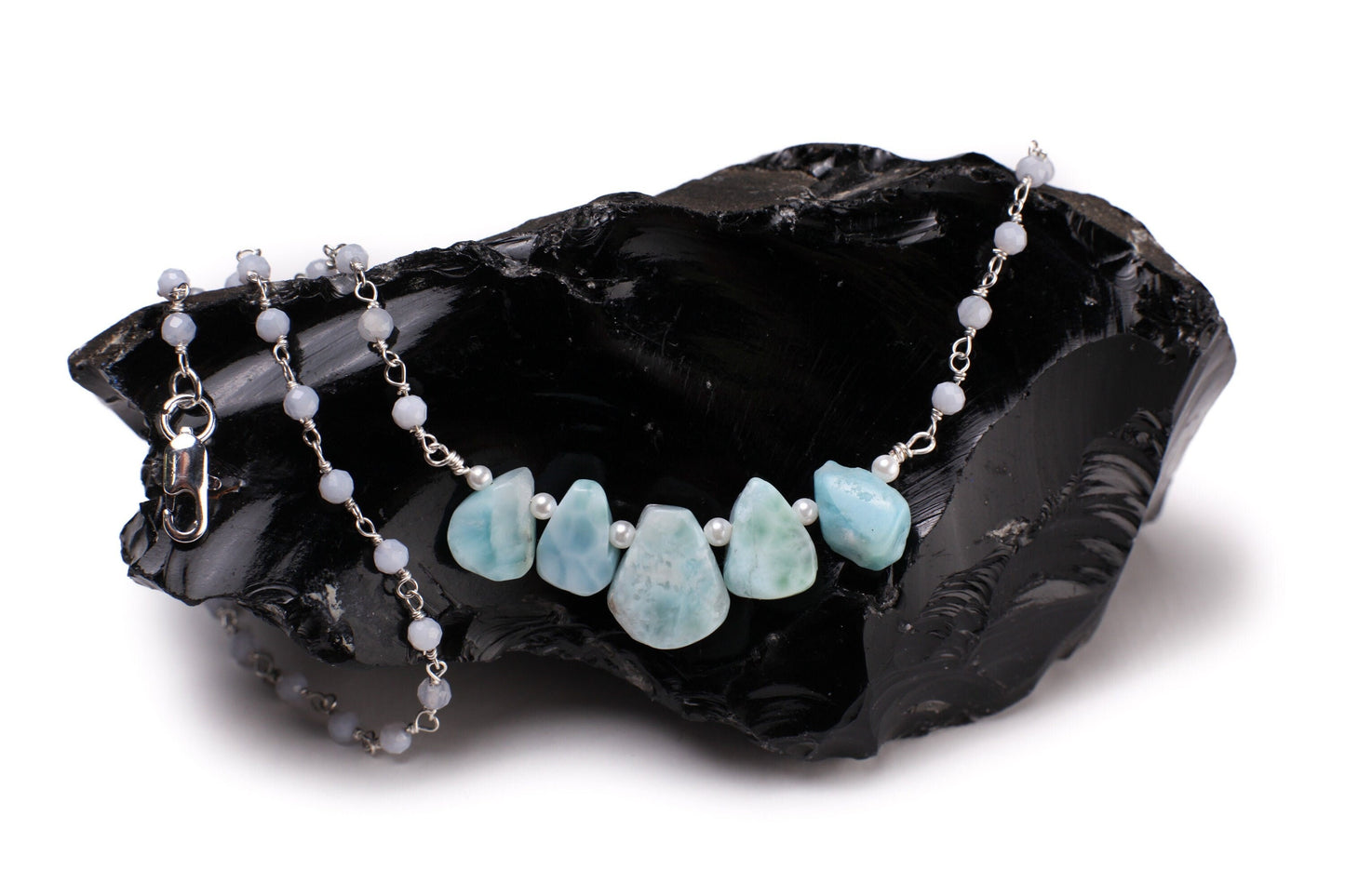 Natural Larimar Raw Free Form Teardrop Necklace with Blue Lace Agate Gemstone Chain and 925 Sterling Silver Clasp 19"Handmade Necklace