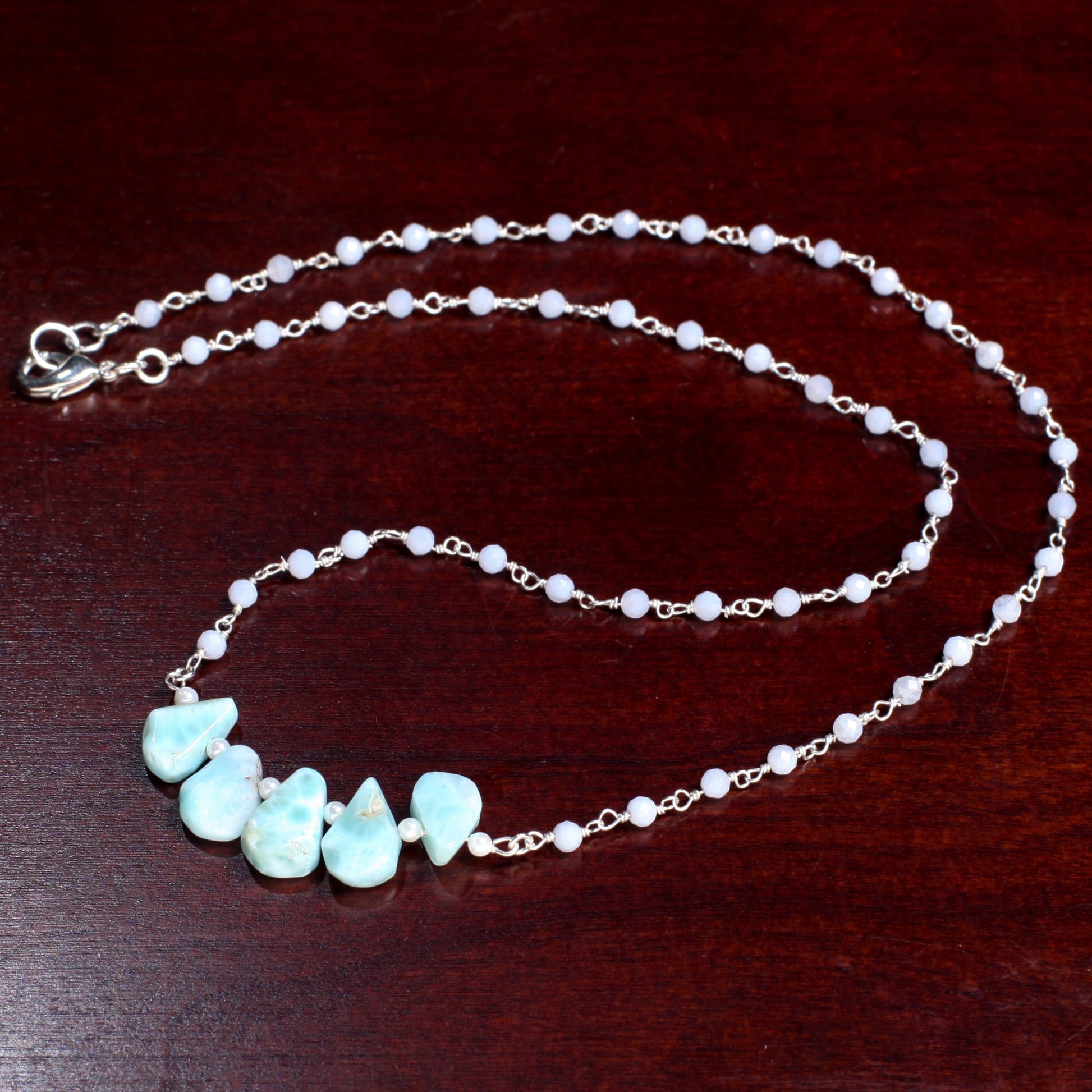 Natural Larimar Raw Free Form Teardrop Necklace with Blue Lace Agate Gemstone Chain and 925 Sterling Silver Clasp 19"Handmade Necklace