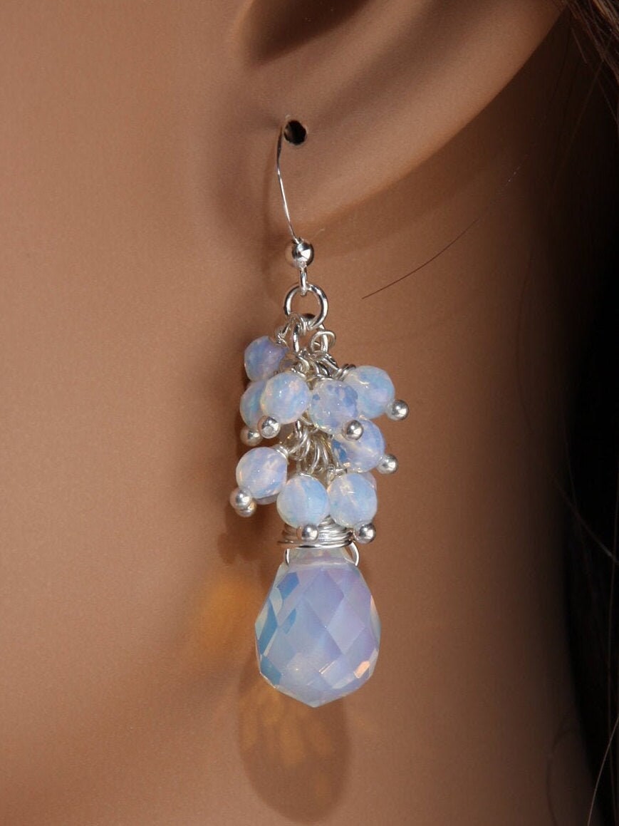 Opalite Faceted Briolette 10x14mm Tear Drop Wire Wrapped Dangling with Opalite Clusters in 925 Sterling Silver Silver Earwire